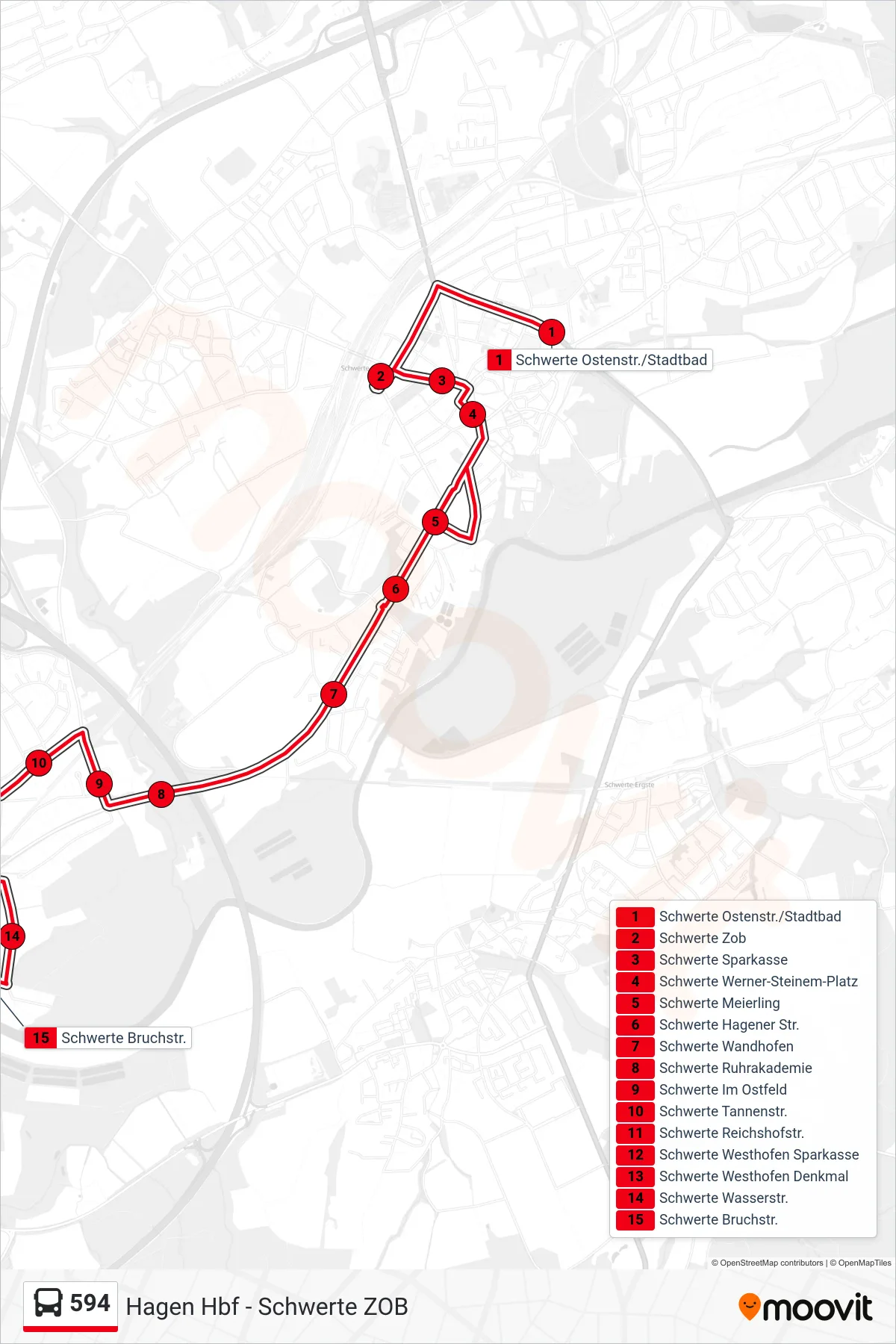 Linie 594 (Bus) Richtung Schwerte Bruchstr.: Route und Haltestellen auf der Karte