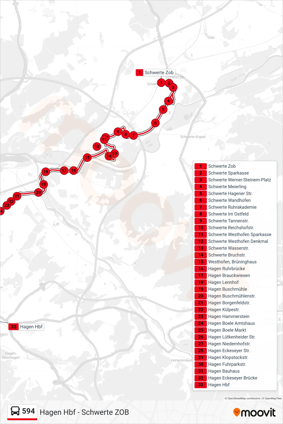 Linie 594 (Bus) Richtung Hagen Hbf: Route und Haltestellen auf der Karte