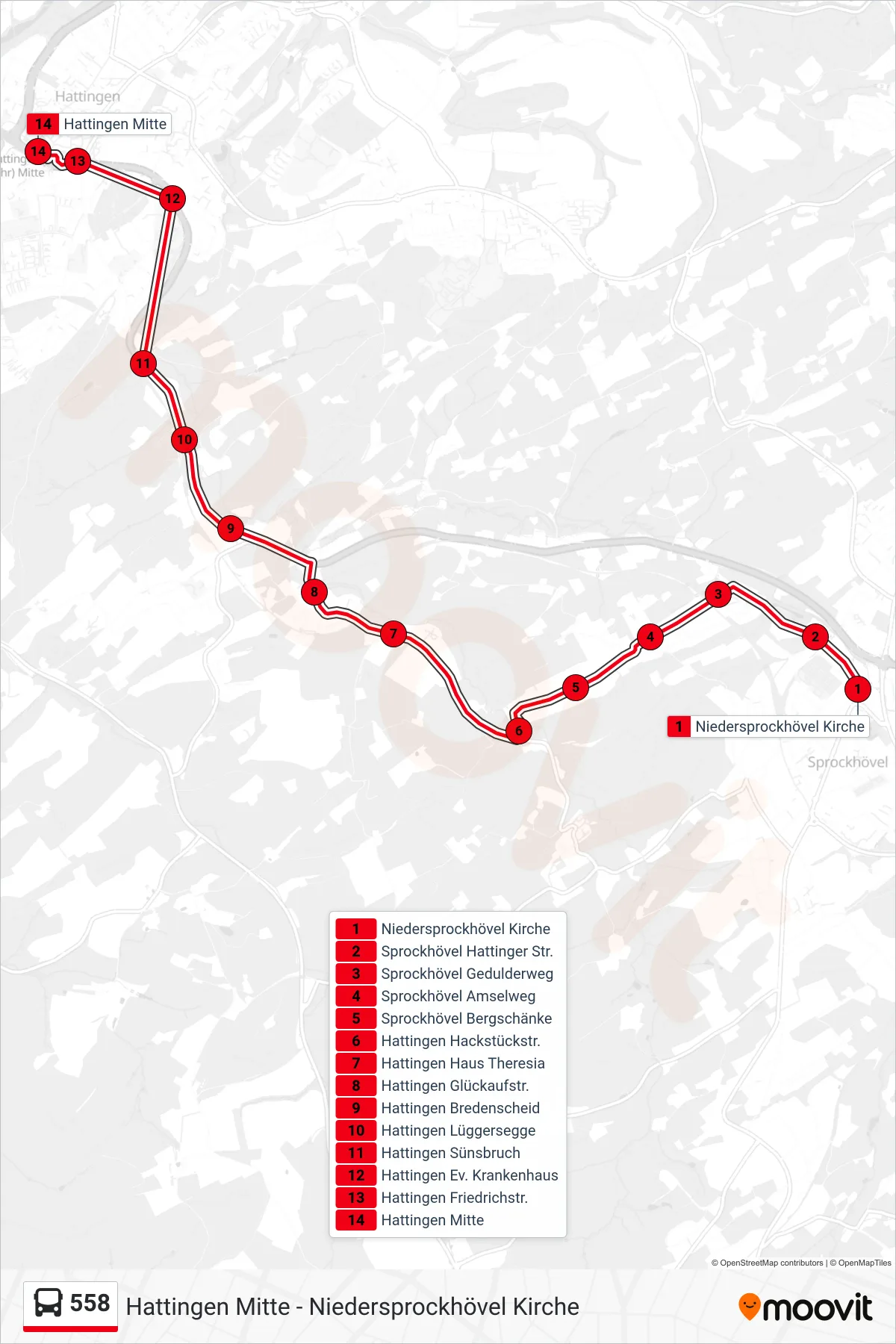 Linie 558 (Bus) Richtung Hattingen Mitte: Route und Haltestellen auf der Karte