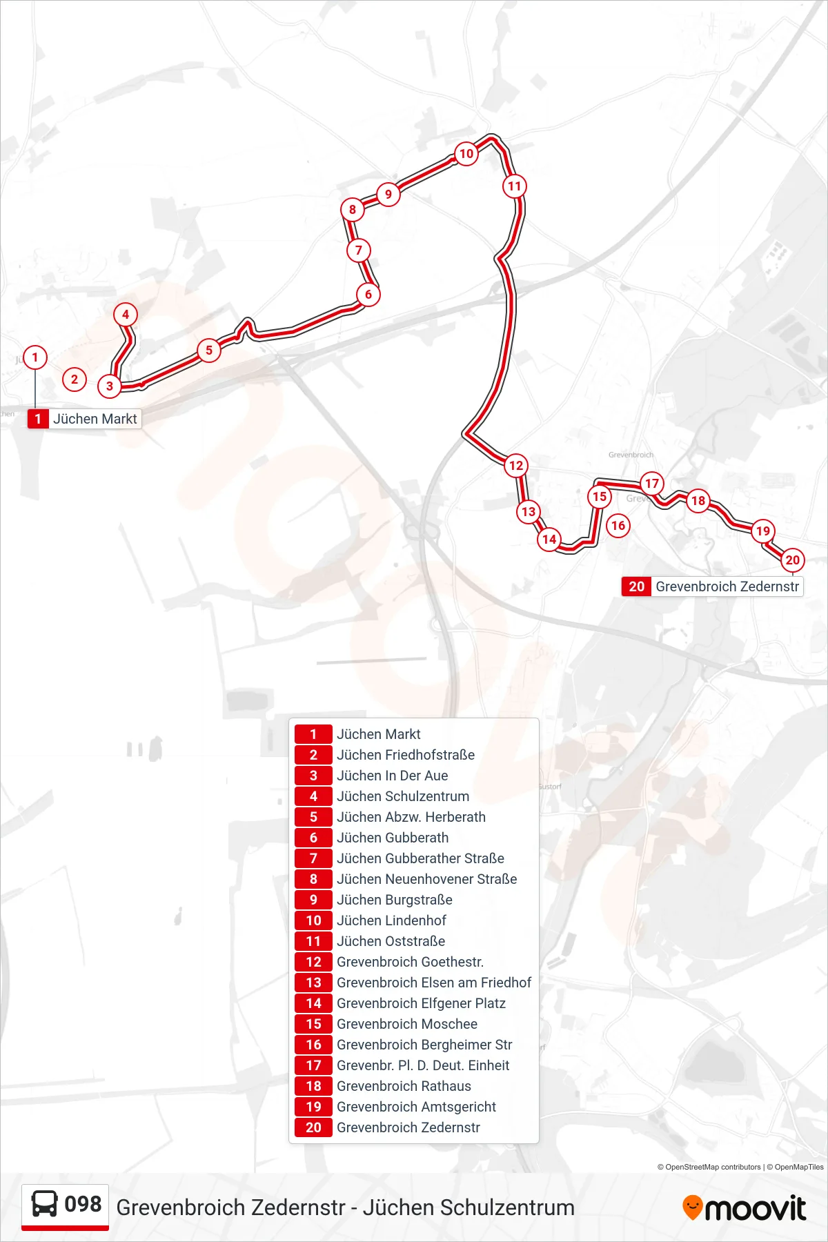 098 bus Line (Grevenbroich Zedernstr) route and stops on a map