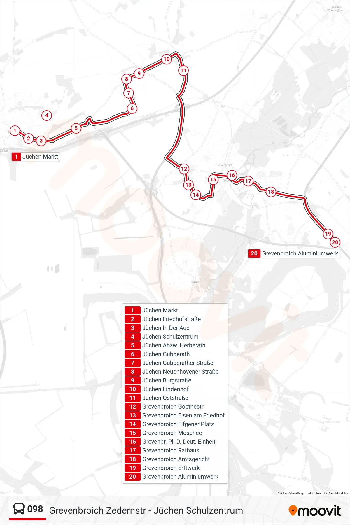 098 bus Line (Grevenbroich Aluminiumwerk) route and stops on a map