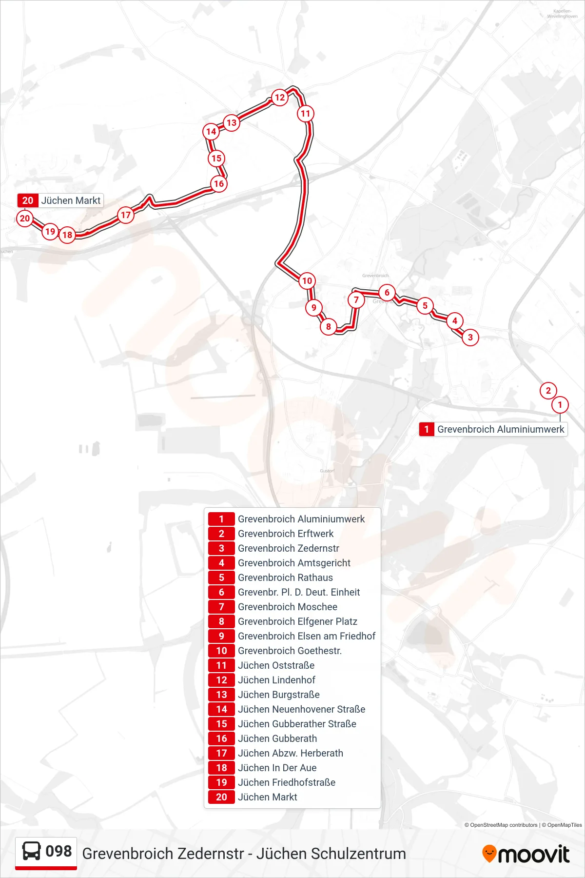 Linie 098 (Bus) Richtung Jüchen Markt: Route und Haltestellen auf der Karte