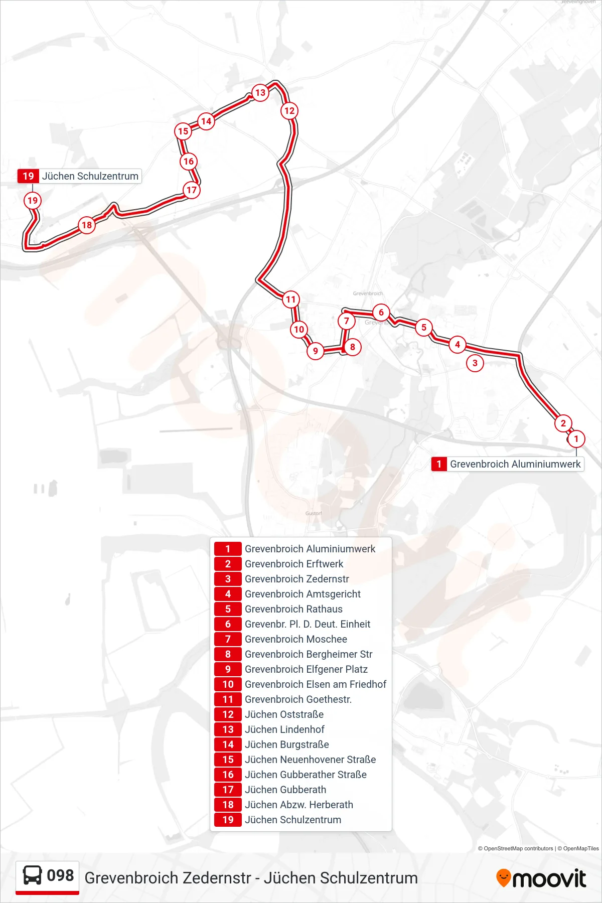 Linie 098 (Bus) Richtung Jüchen Schulzentrum: Route und Haltestellen auf der Karte