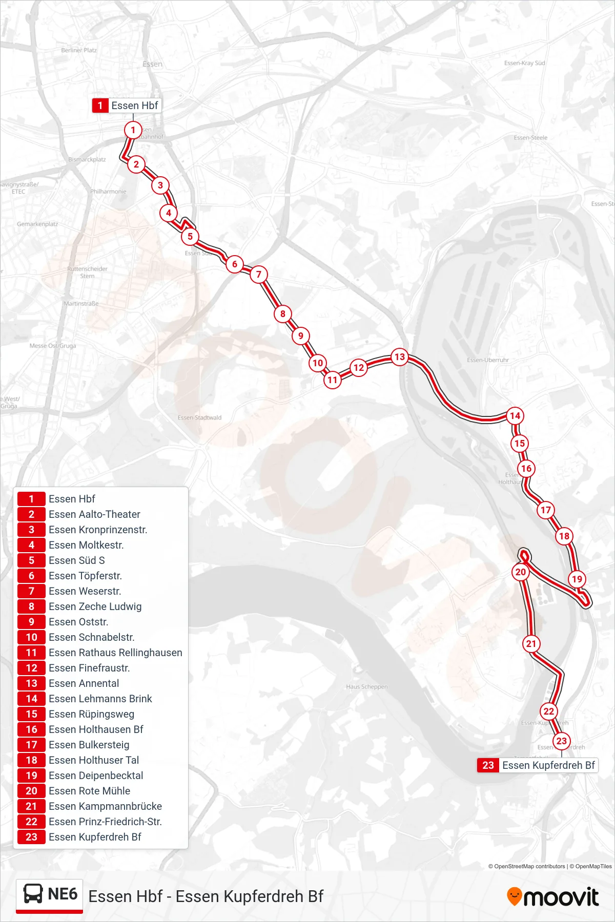 Linie NE6 (Bus) Richtung Essen Kupferdreh Bf: Route und Haltestellen auf der Karte