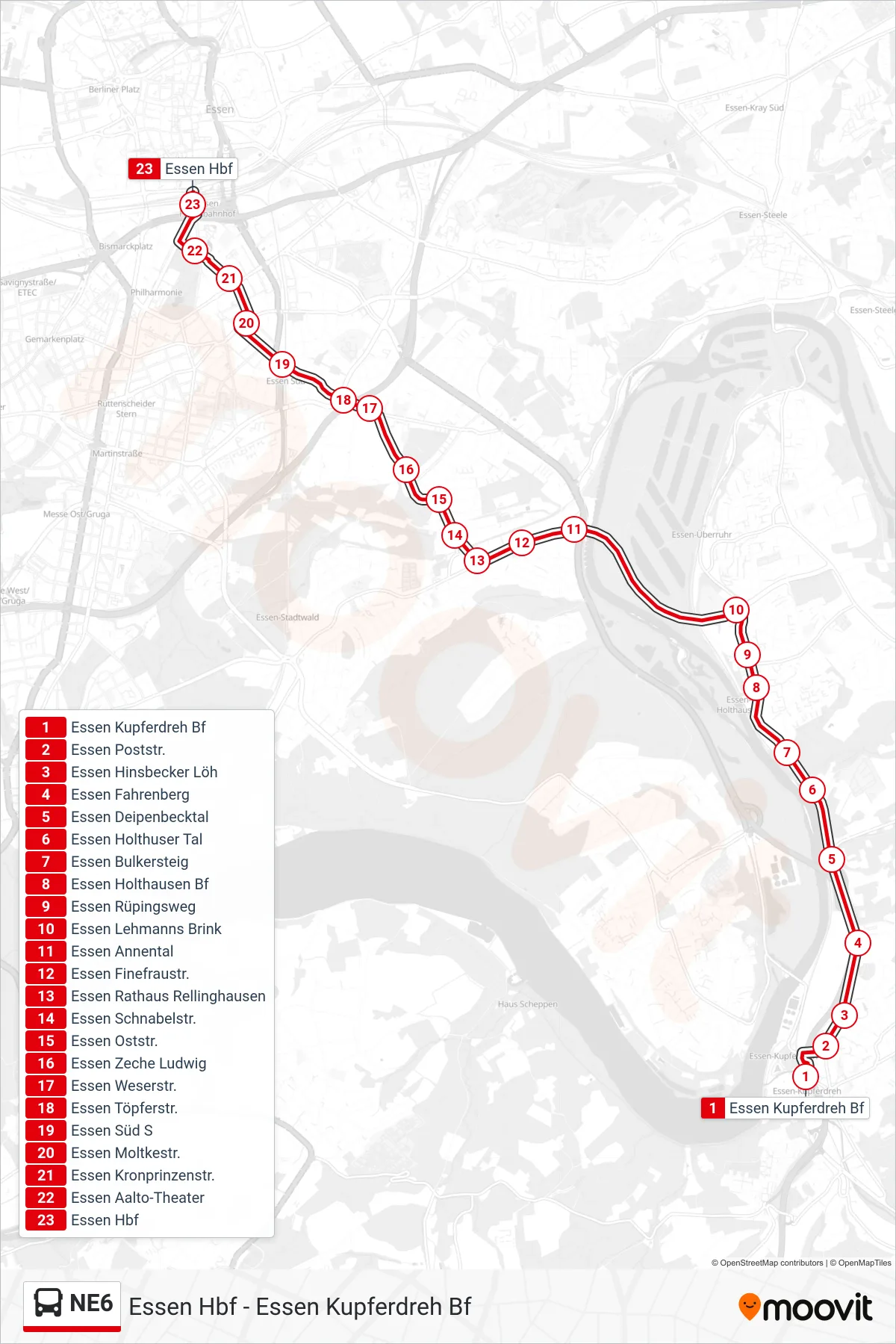 Linie NE6 (Bus) Richtung Essen Hbf: Route und Haltestellen auf der Karte
