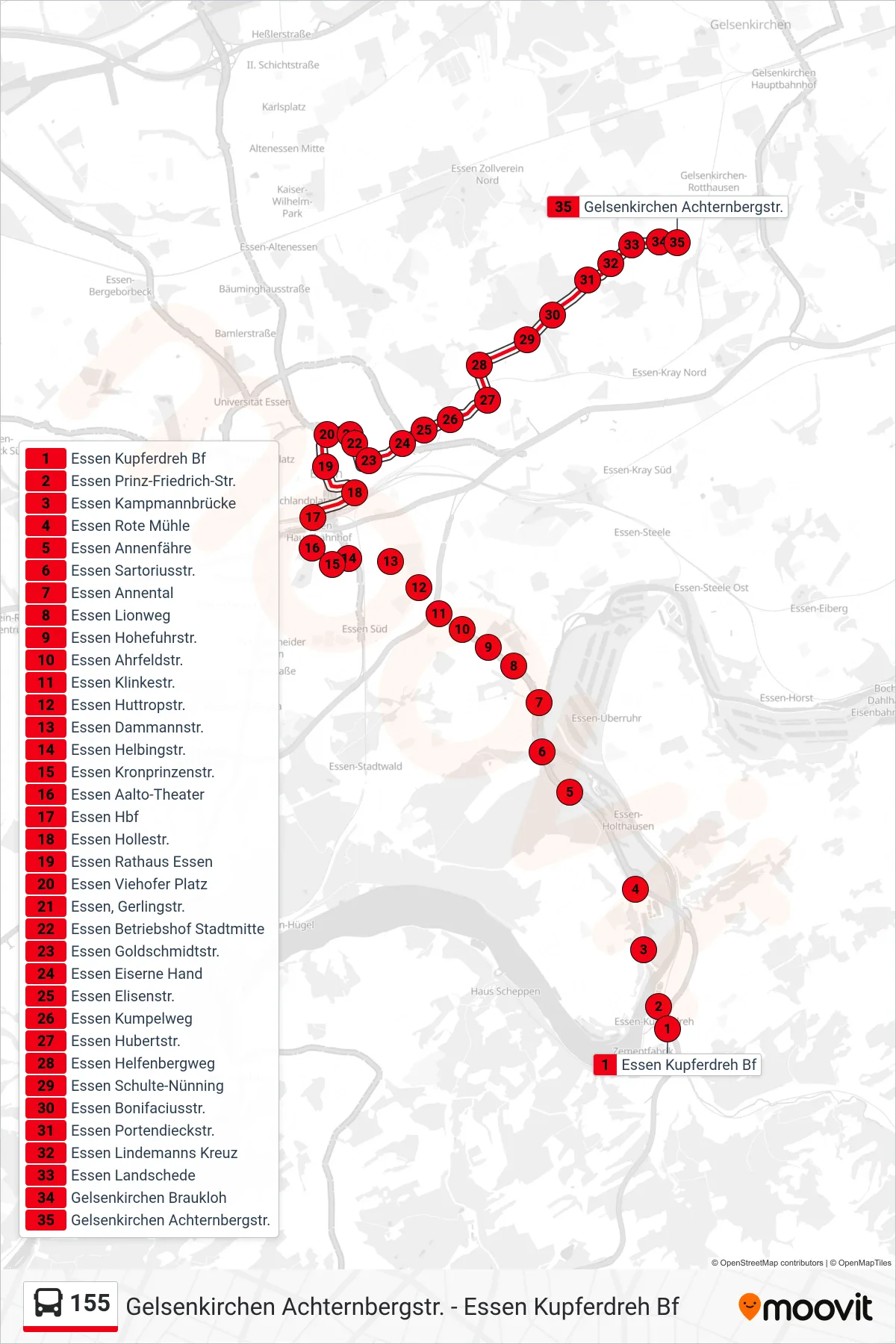 Linie 155 (Bus) Richtung Gelsenkirchen Achternbergstr.: Route und Haltestellen auf der Karte