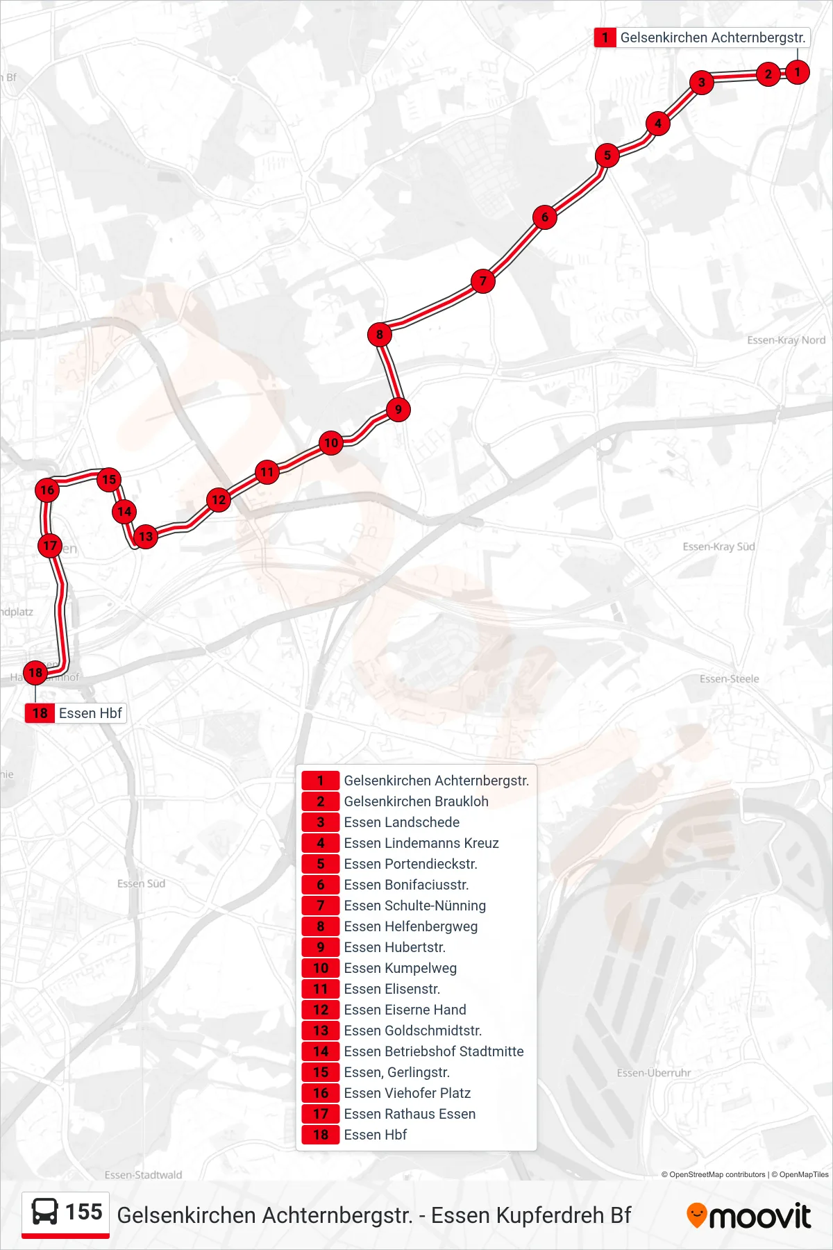Linie 155 (Bus) Richtung Essen Hbf: Route und Haltestellen auf der Karte