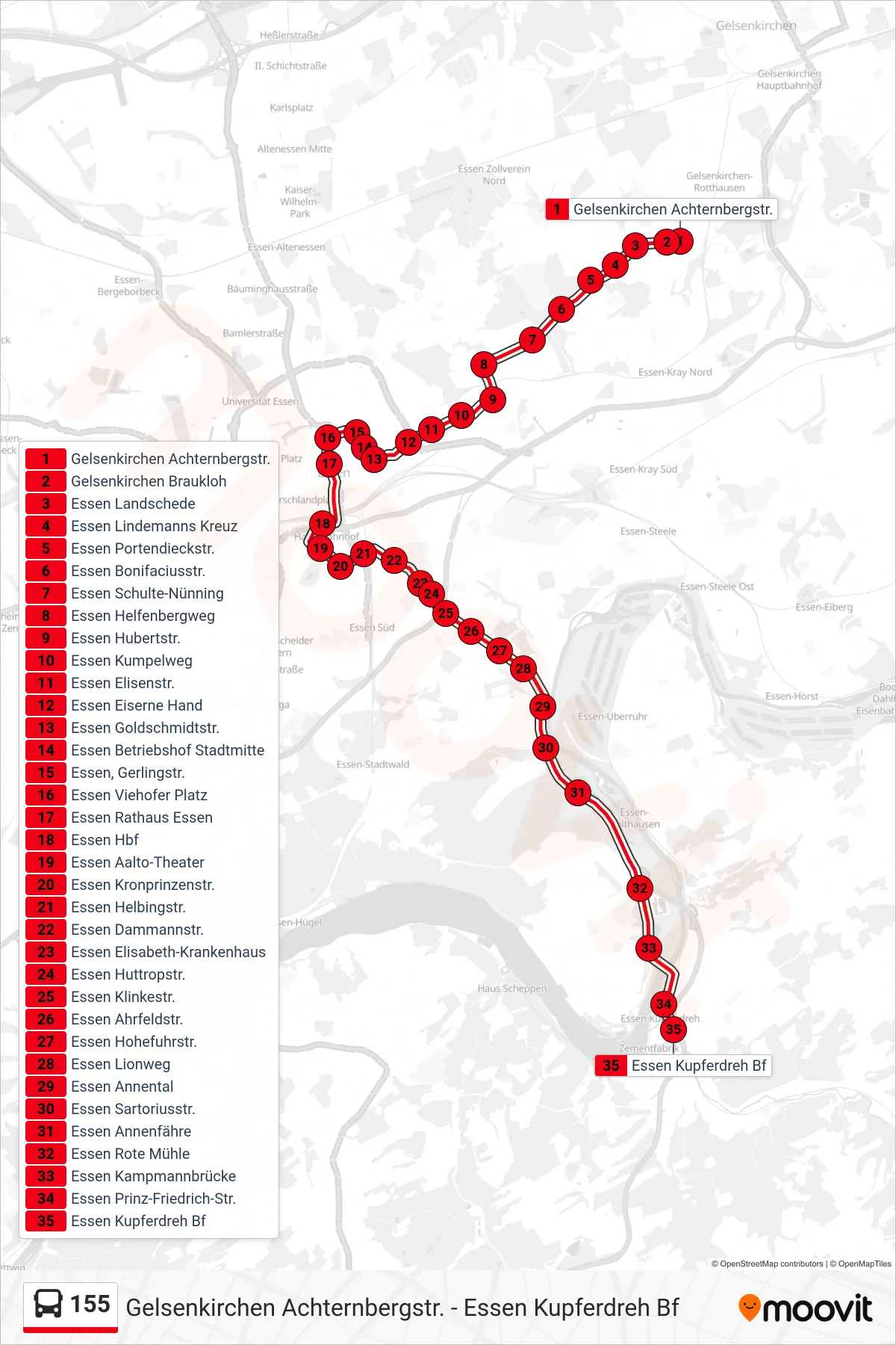 Linie 155 (Bus) Richtung Essen Kupferdreh Bf: Route und Haltestellen auf der Karte