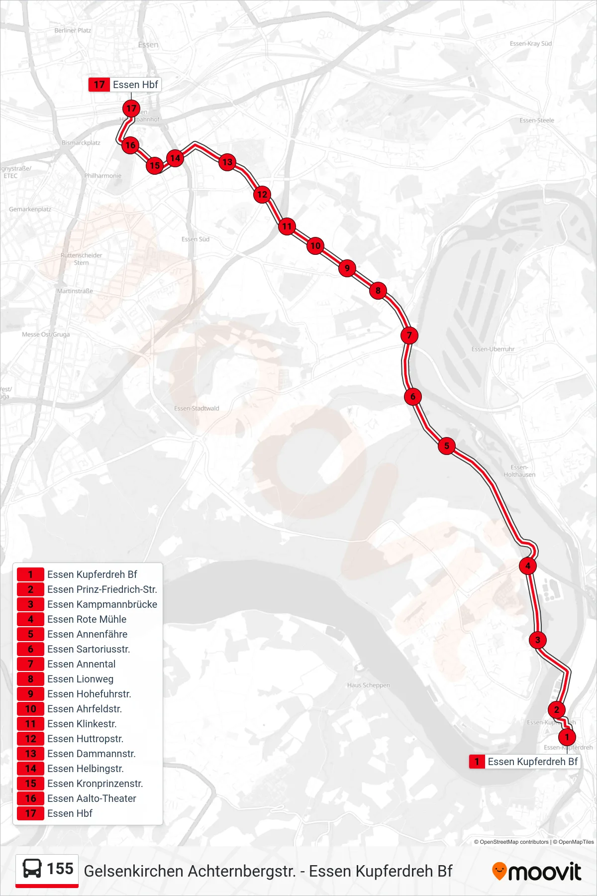 Linie 155 (Bus) Richtung Essen Hbf: Route und Haltestellen auf der Karte