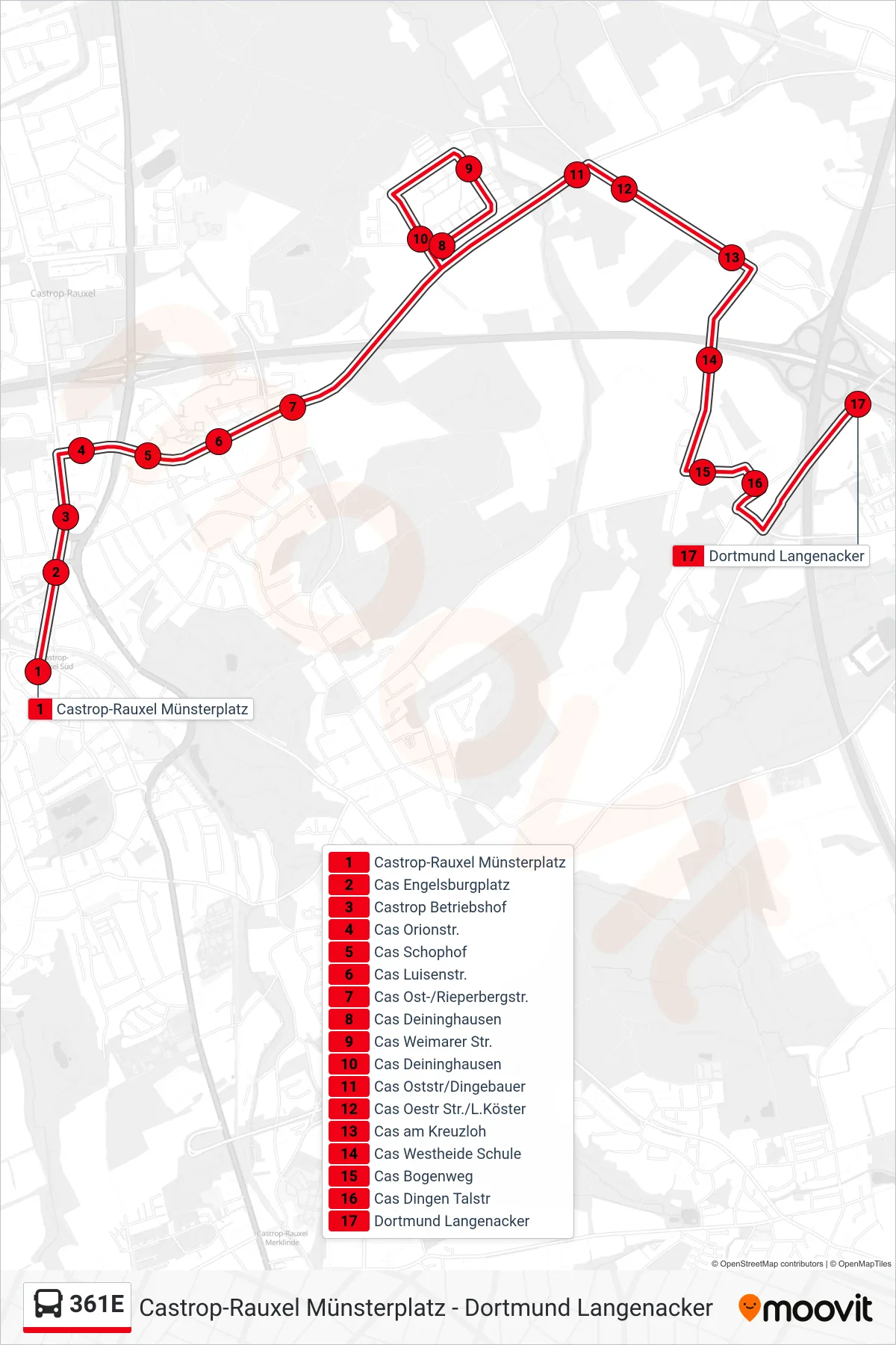 Linie 361E (Bus) Richtung Dortmund Langenacker: Route und Haltestellen auf der Karte