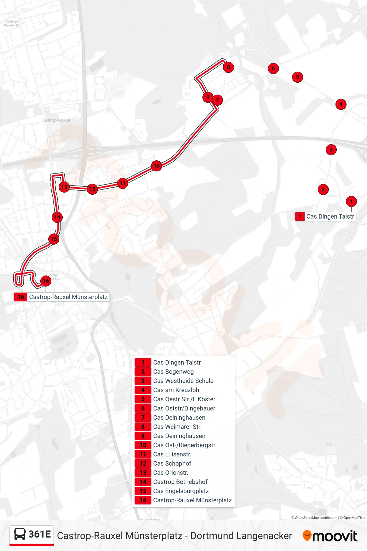 Linie 361E (Bus) Richtung Castrop-Rauxel Münsterplatz: Route und Haltestellen auf der Karte