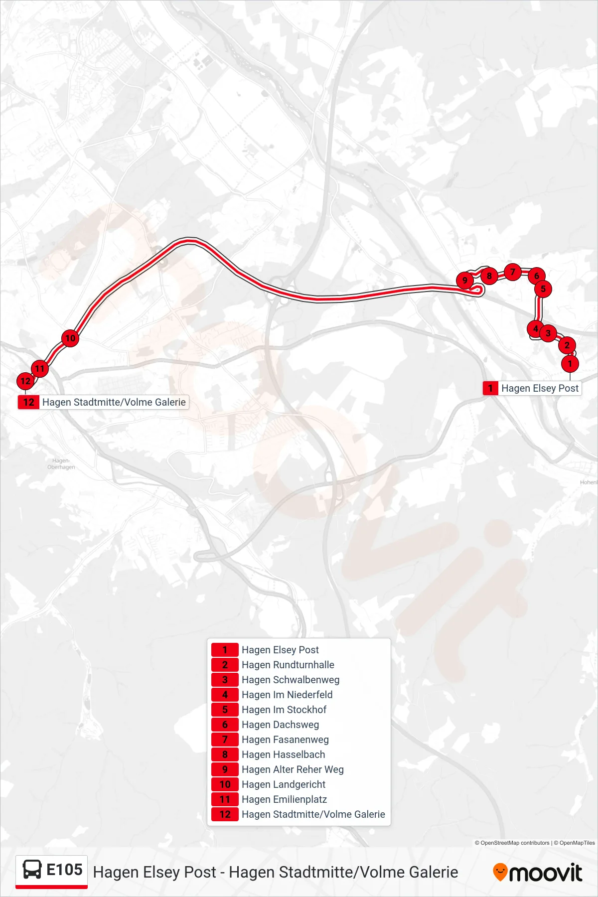 Linie E105 (Bus) Richtung Hagen Stadtmitte/Volme Galerie: Route und Haltestellen auf der Karte