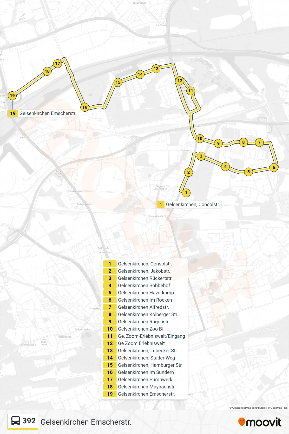 Linie 392 (Bus) Richtung Gelsenkirchen Emscherstr.: Route und Haltestellen auf der Karte