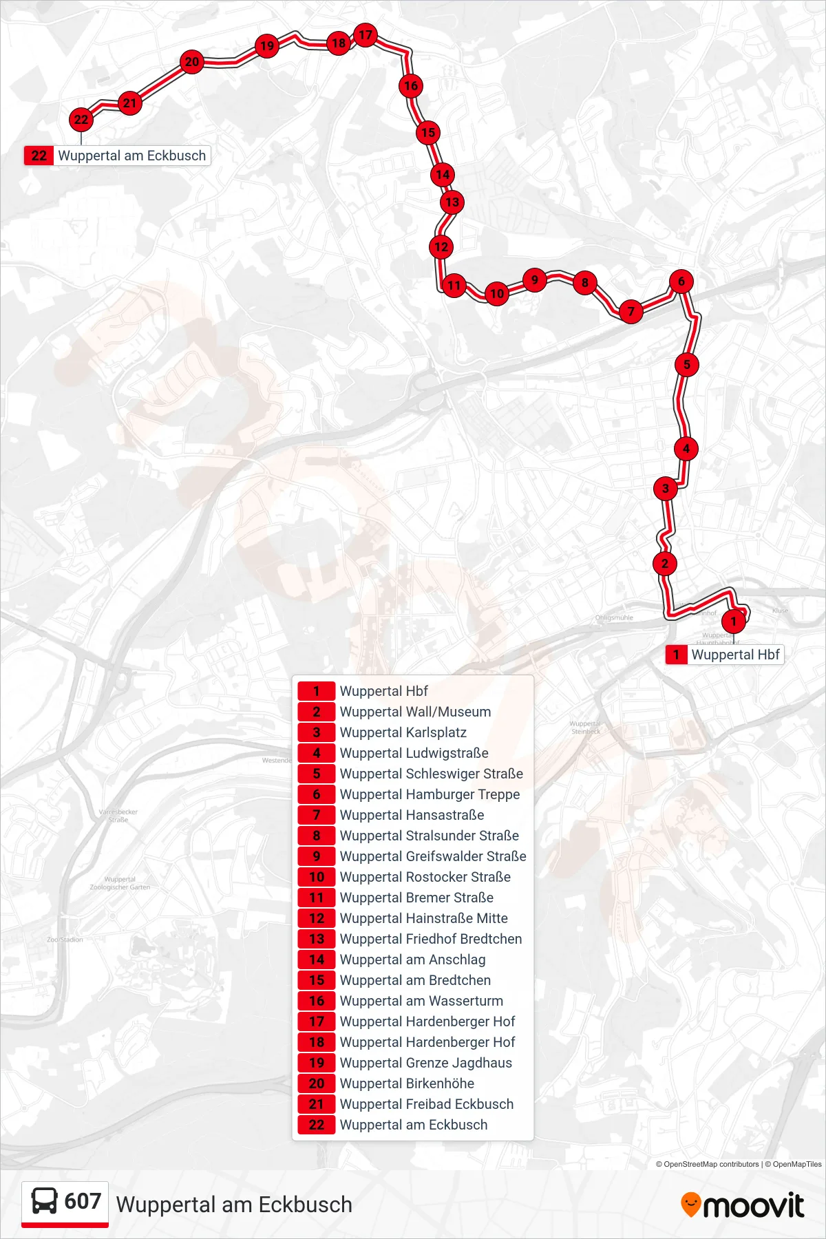 Linie 607 (Bus) Richtung Wuppertal am Eckbusch: Route und Haltestellen auf der Karte