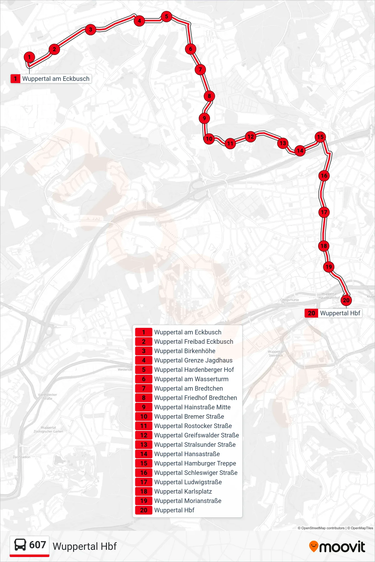 Linie 607 (Bus) Richtung Wuppertal Hbf: Route und Haltestellen auf der Karte