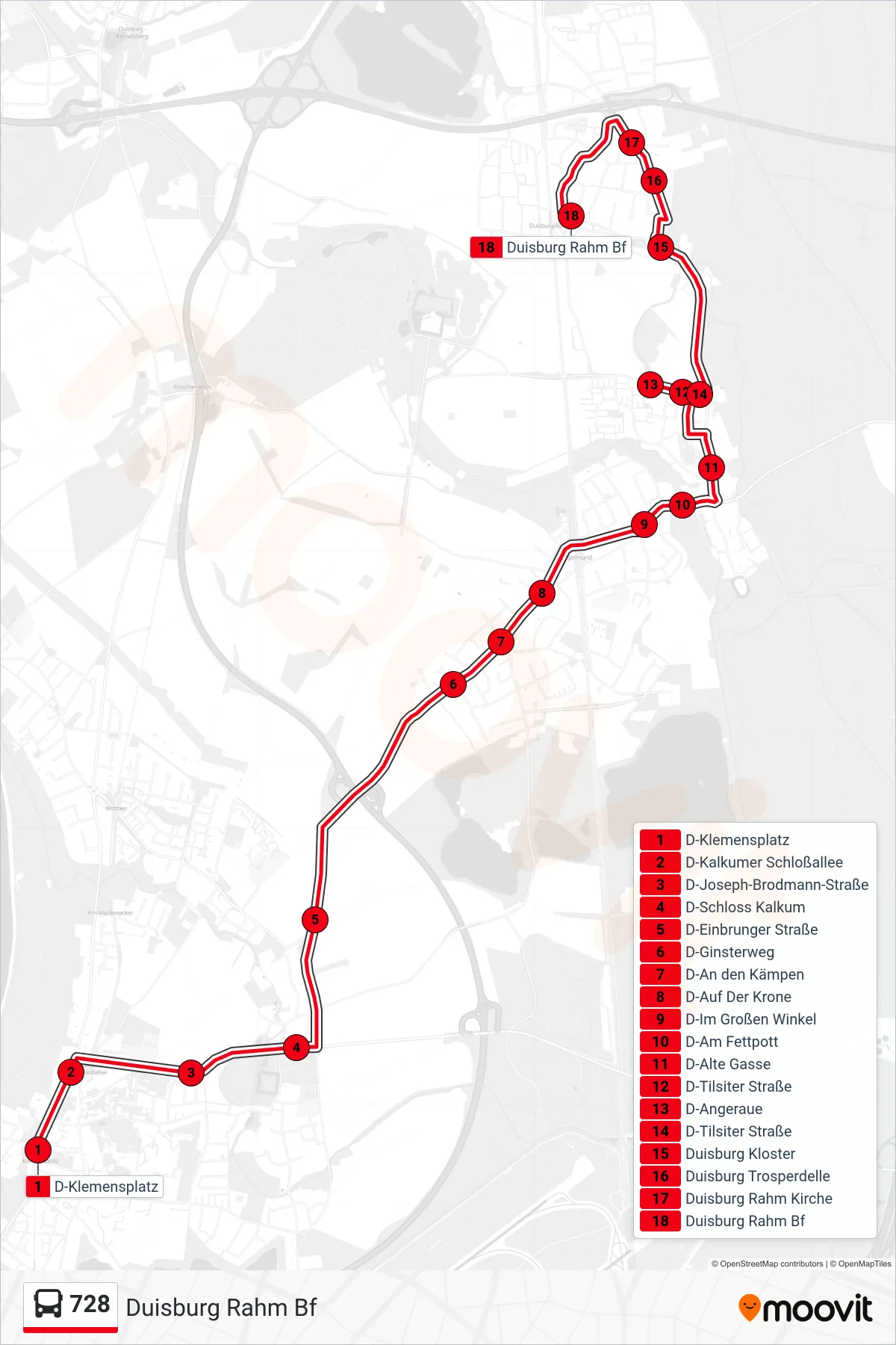 728 bus Line (Duisburg Rahm Bf) route and stops on a map