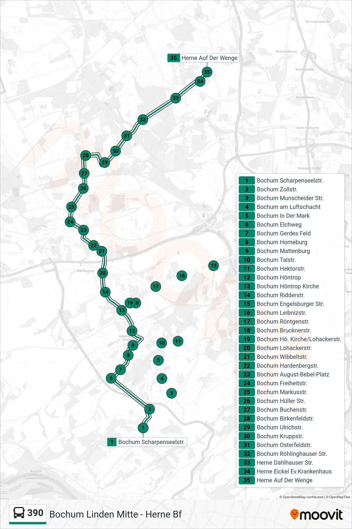 390 bus Line (Herne Auf Der Wenge) route and stops on a map