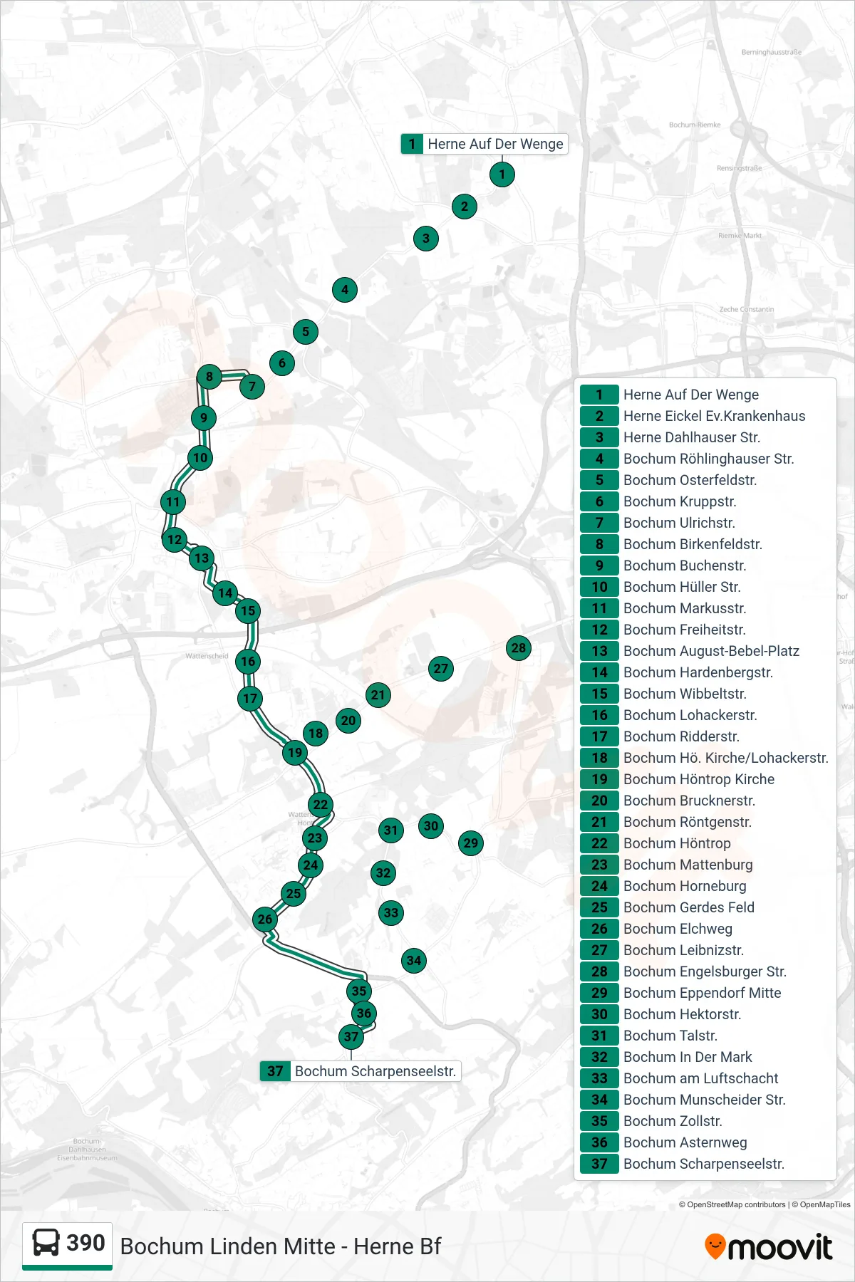 Linie 390 (Bus) Richtung Bochum Scharpenseelstr.: Route und Haltestellen auf der Karte