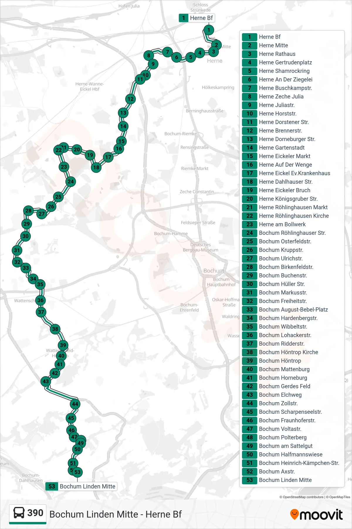 Linie 390 (Bus) Richtung Bochum Linden Mitte: Route und Haltestellen auf der Karte