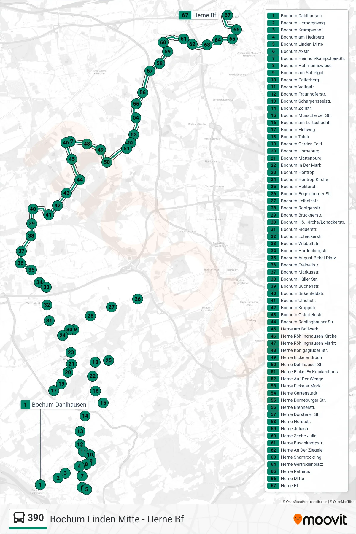 390 bus Line (Herne Bf) route and stops on a map