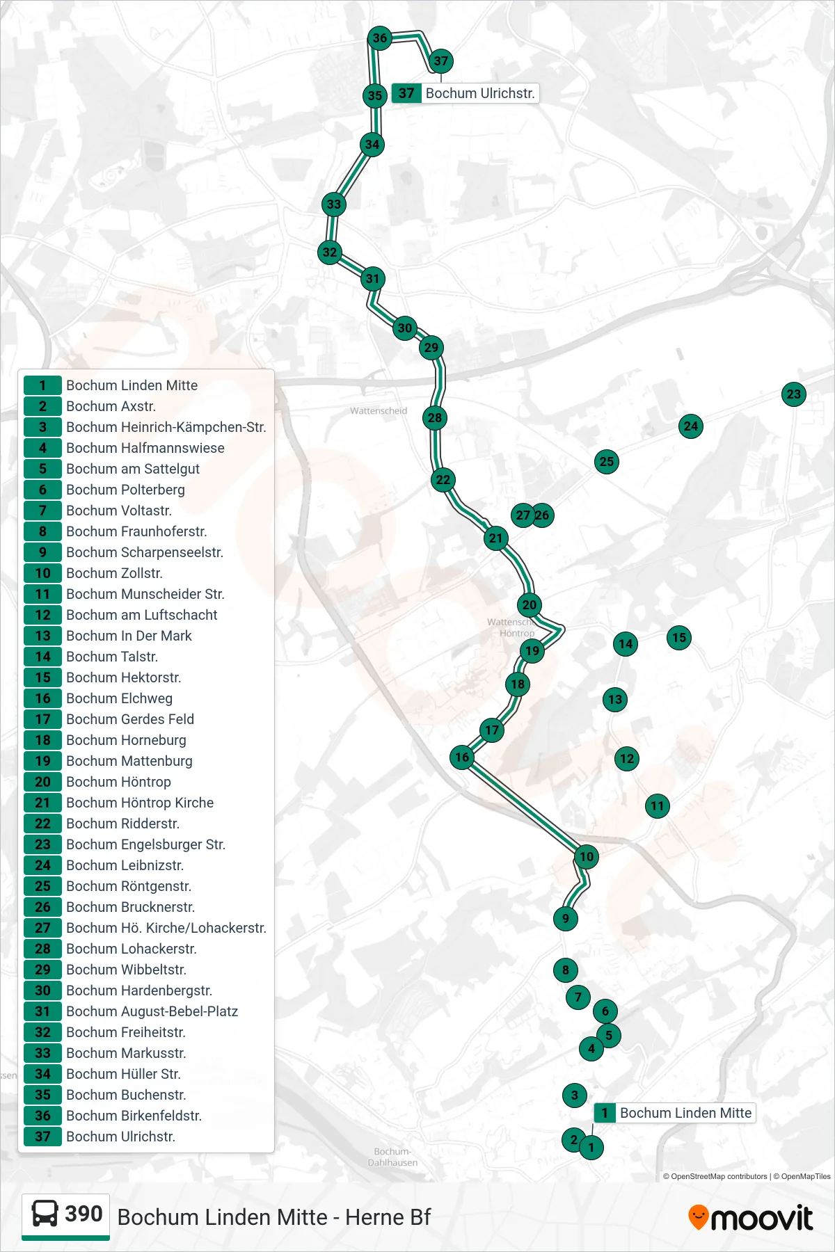 Linie 390 (Bus) Richtung Bochum Ulrichstr.: Route und Haltestellen auf der Karte