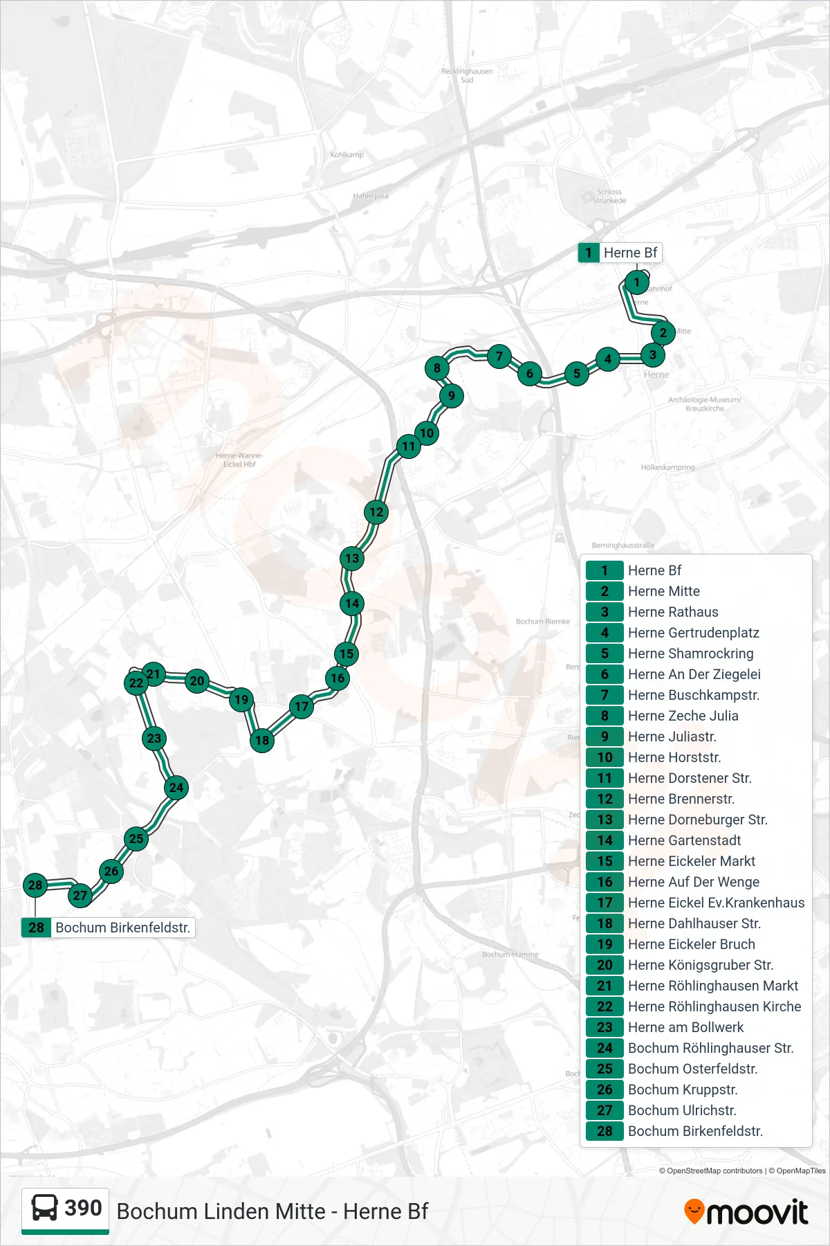 390 bus Line (Bochum Birkenfeldstr.) route and stops on a map