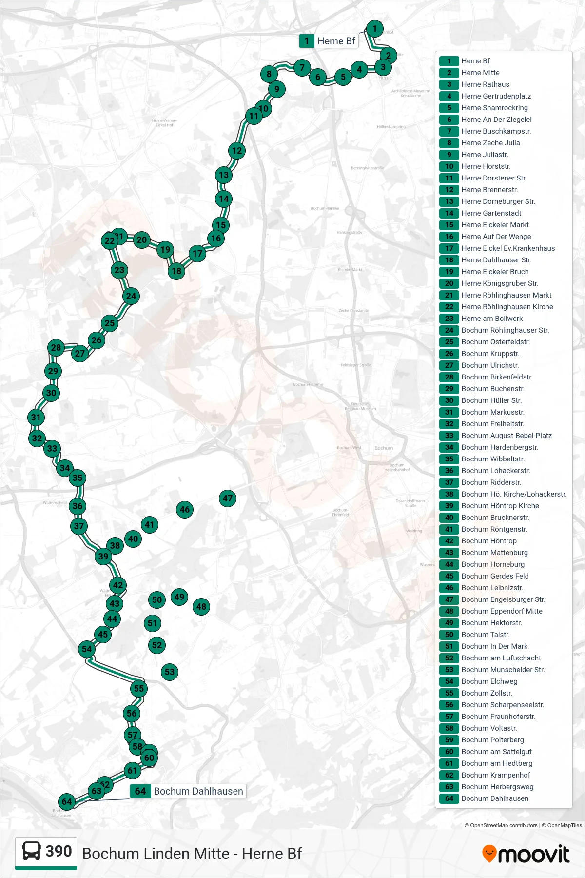 390 bus Line (Bochum Dahlhausen) route and stops on a map
