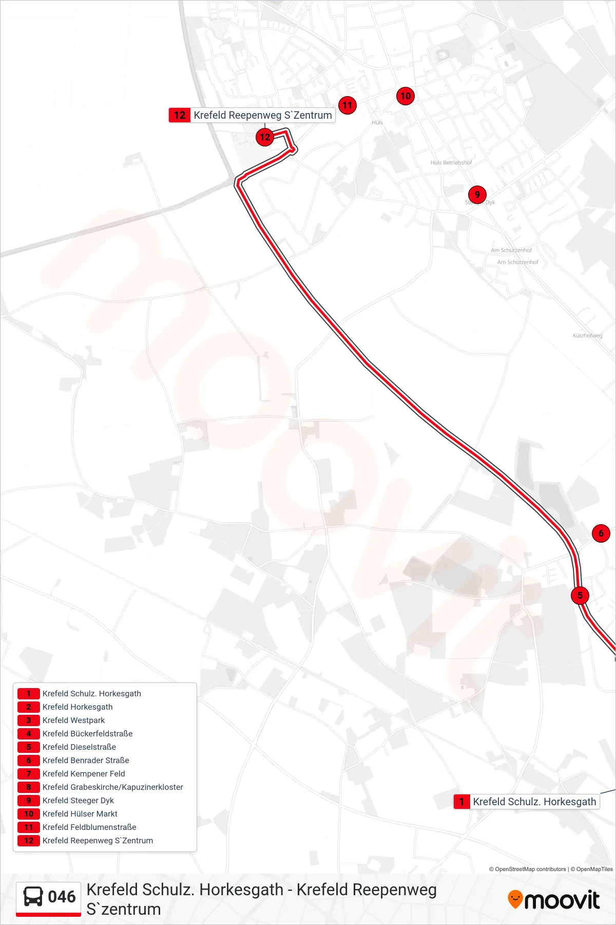 Linie 046 (Bus) Richtung Krefeld Reepenweg S`Zentrum: Route und Haltestellen auf der Karte
