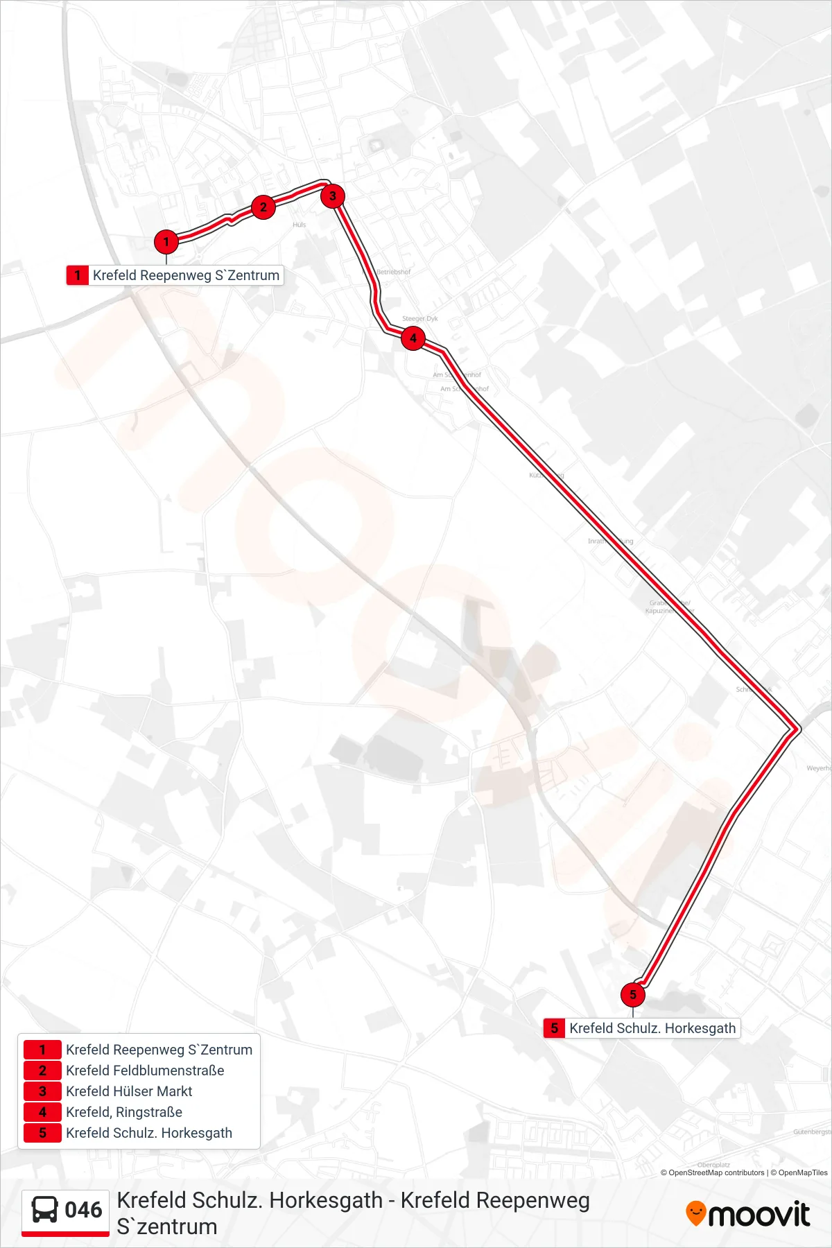 046 bus Line (Krefeld Schulz. Horkesgath) route and stops on a map
