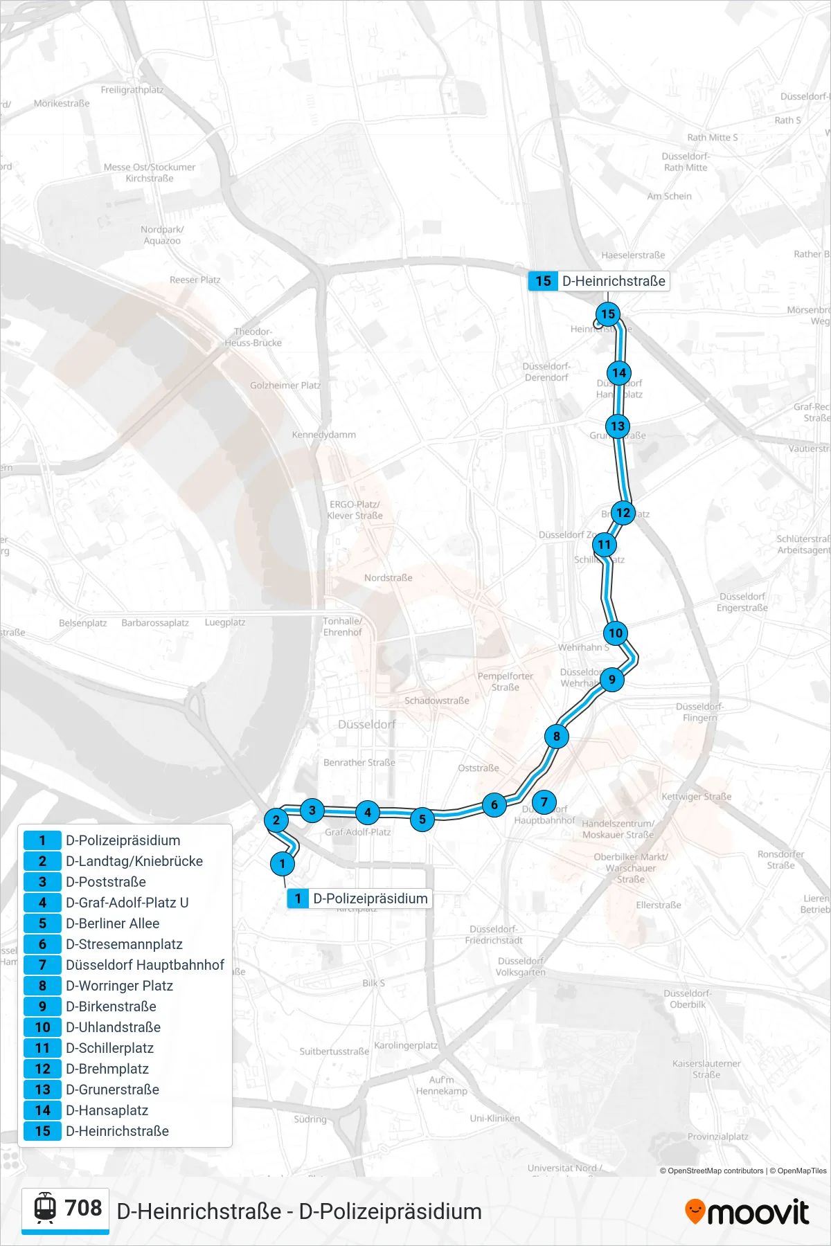 708 tram Line (D-Heinrichstraße) route and stops on a map