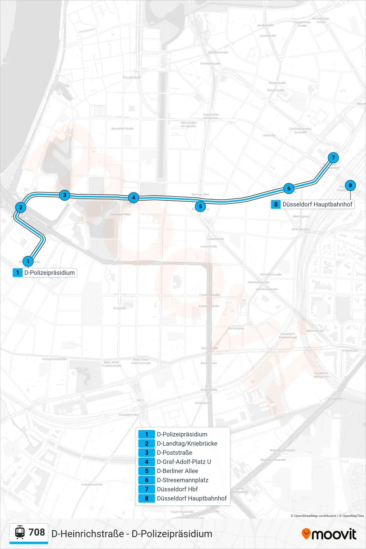 Linie 708 (Straßenbahn) Richtung Düsseldorf Hbf: Route und Haltestellen auf der Karte