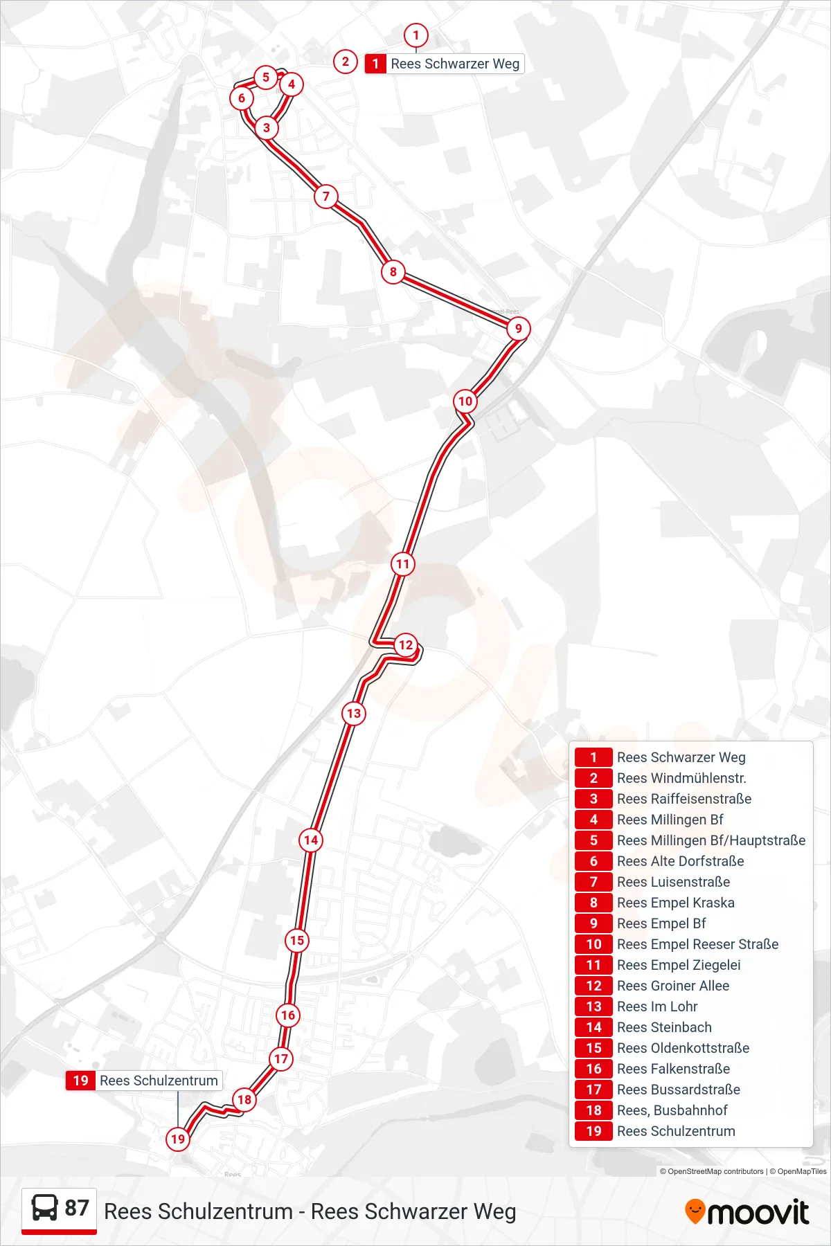 Linie 87 (Bus) Richtung Rees Schulzentrum: Route und Haltestellen auf der Karte