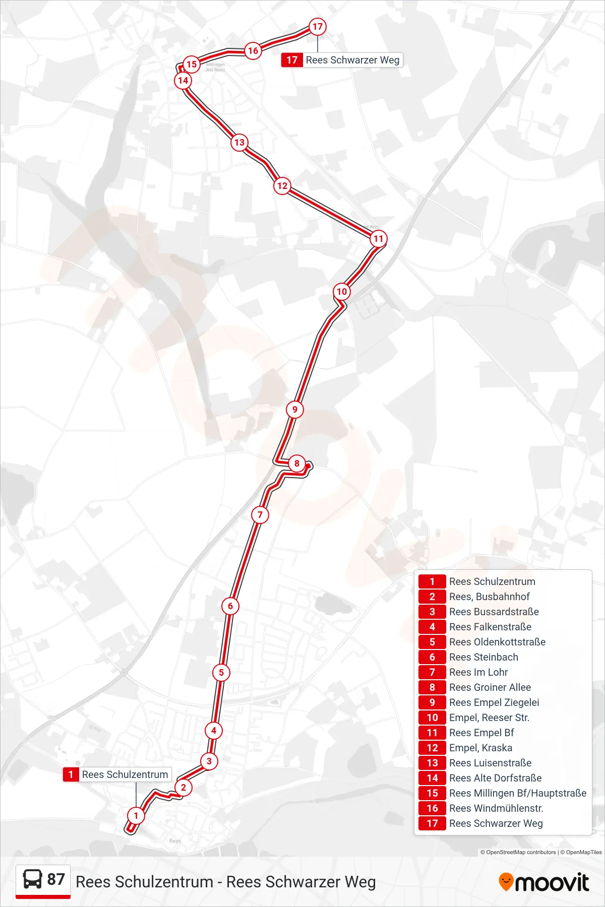 Linie 87 (Bus) Richtung Rees Schwarzer Weg: Route und Haltestellen auf der Karte