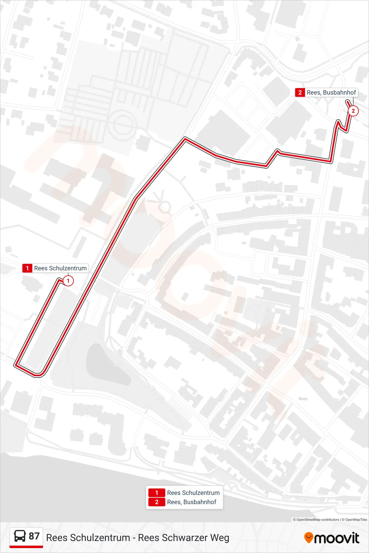 Linie 87 (Bus) Richtung Rees Busbahnhof: Route und Haltestellen auf der Karte