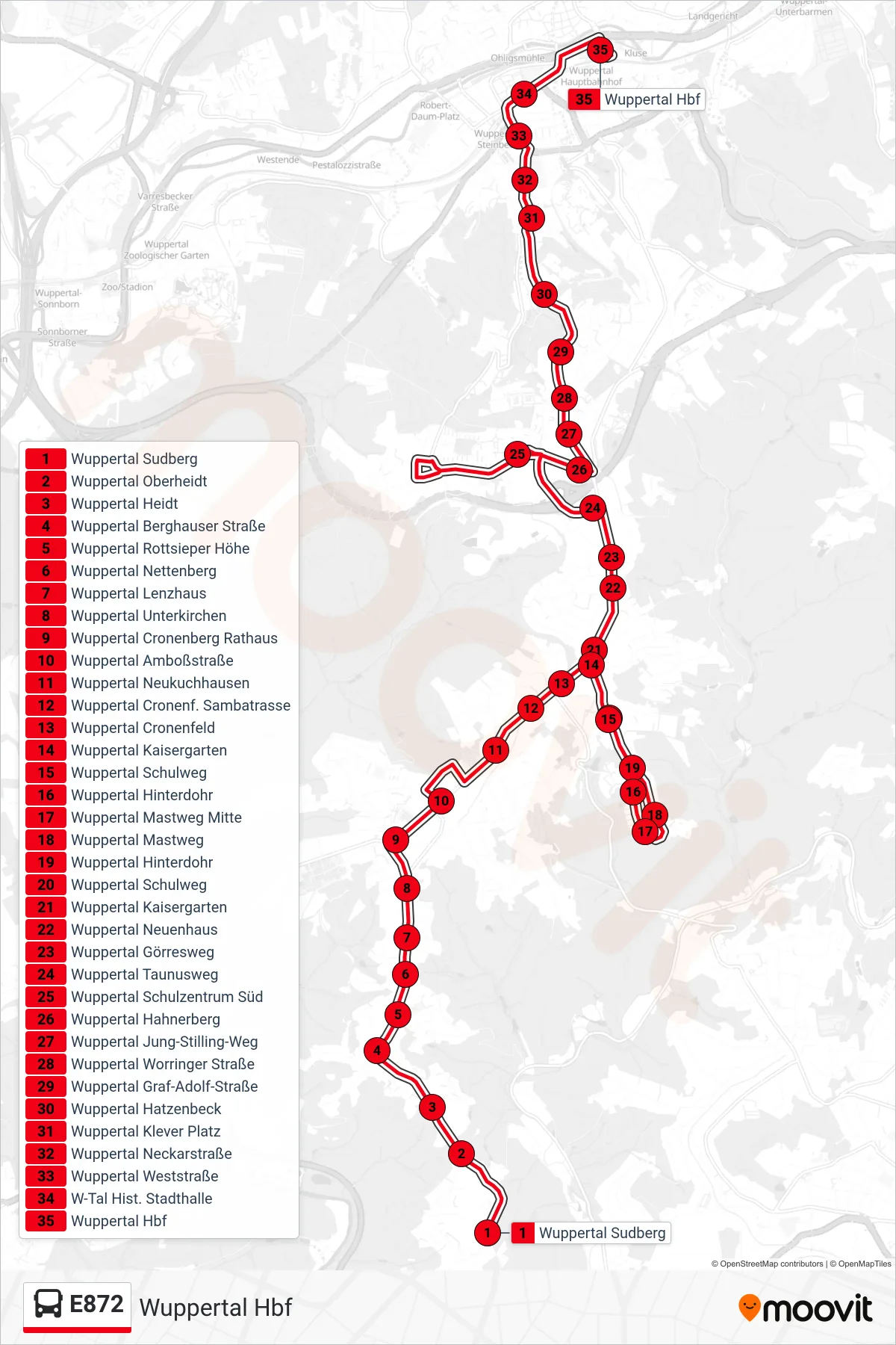 Linie E872 (Bus) Richtung Wuppertal Hbf: Route und Haltestellen auf der Karte