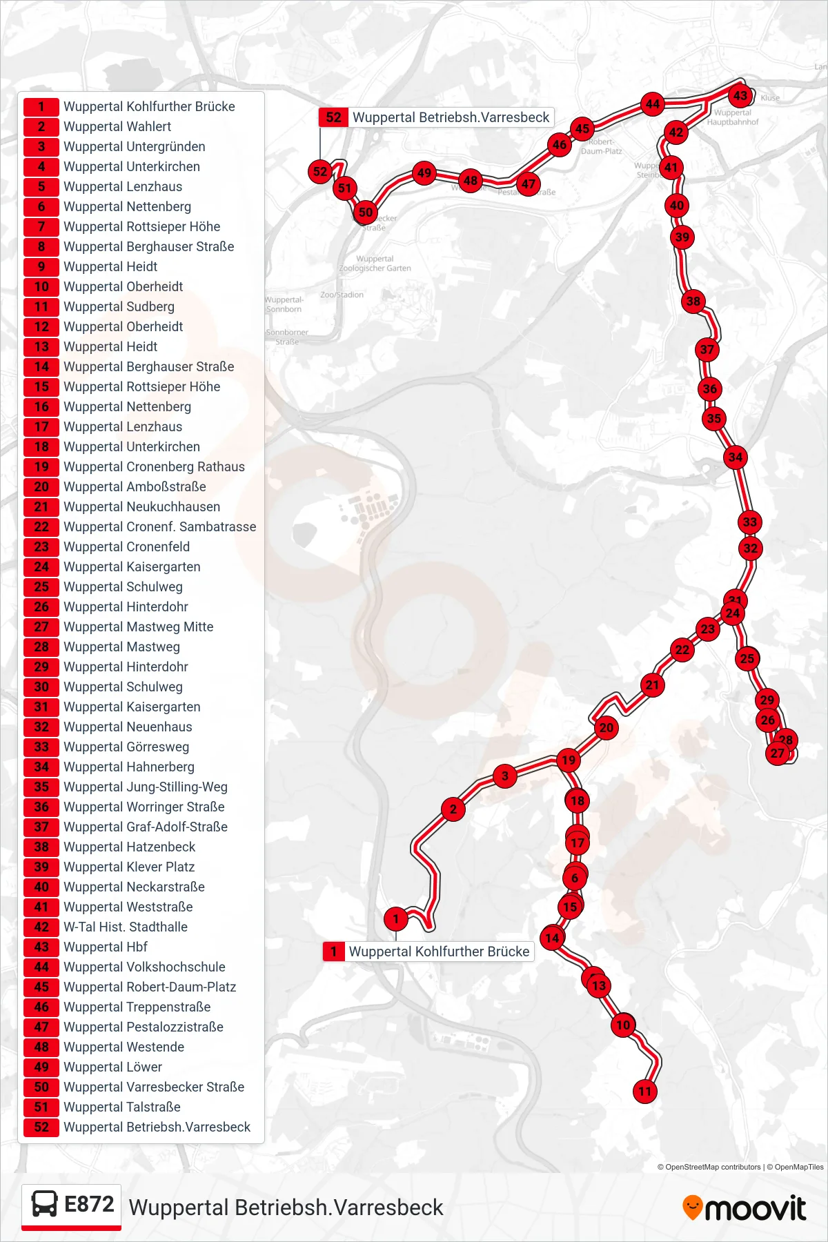 Linie E872 (Bus) Richtung Wuppertal Betriebsh.Varresbeck: Route und Haltestellen auf der Karte