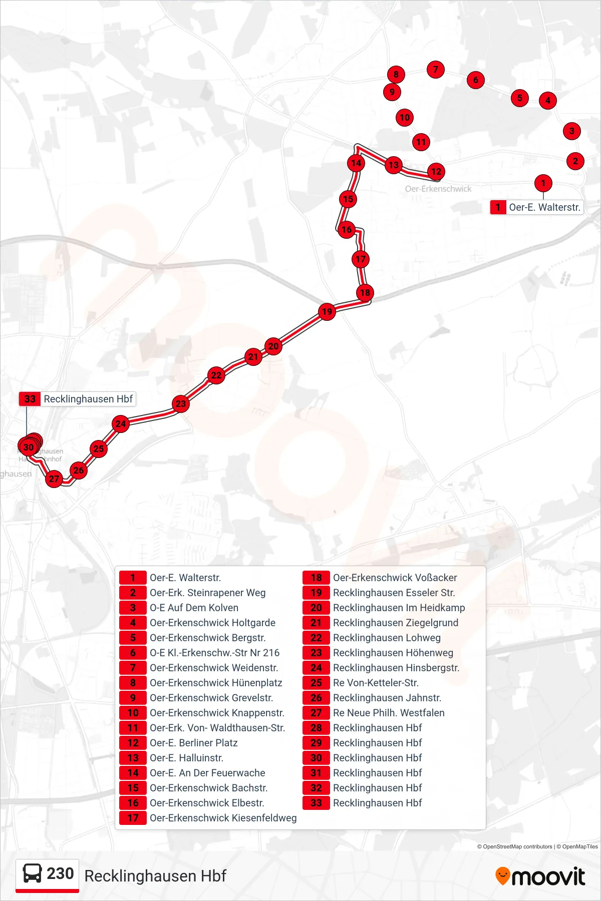 Linie 230 (Bus) Richtung Recklinghausen Hbf: Route und Haltestellen auf der Karte