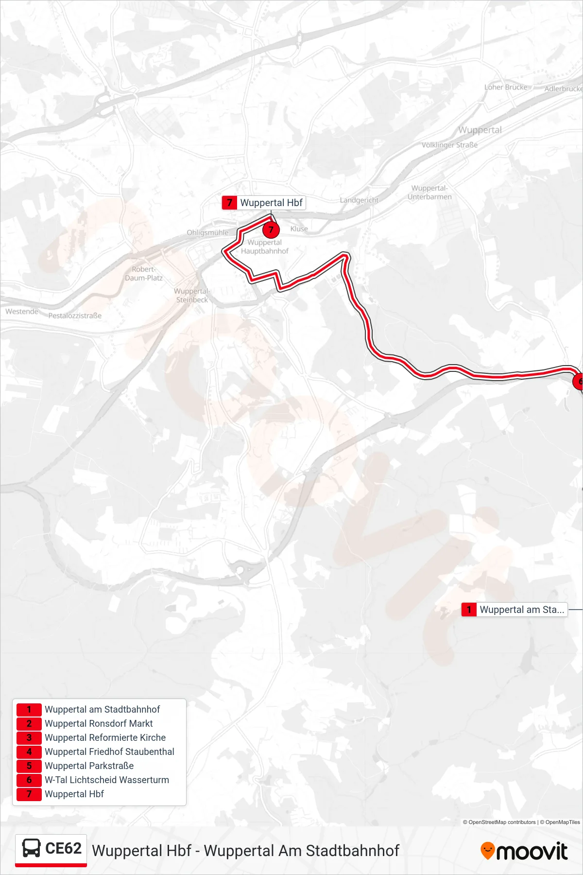 Linie CE62 (Bus) Richtung Wuppertal Hbf: Route und Haltestellen auf der Karte