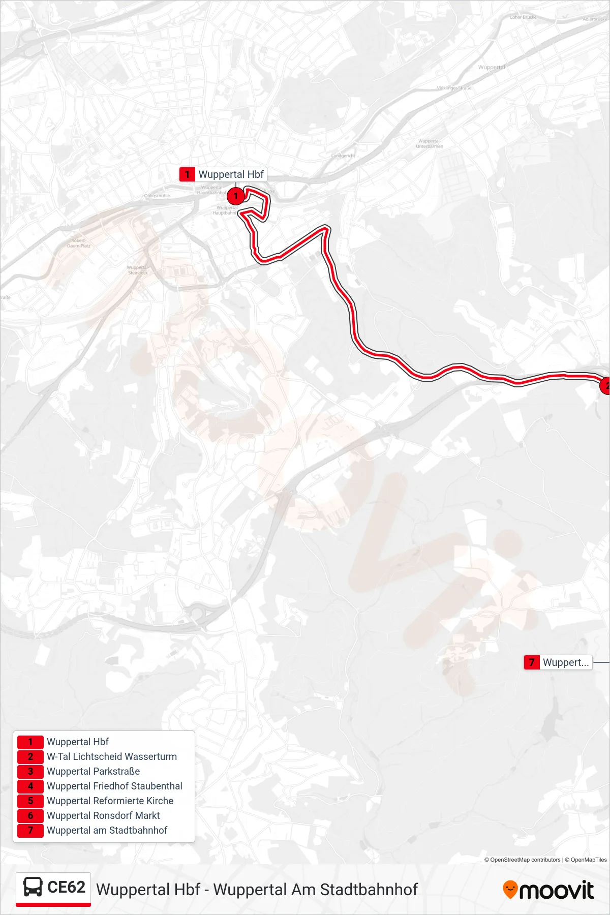 Linie CE62 (Bus) Richtung Wuppertal am Stadtbahnhof: Route und Haltestellen auf der Karte