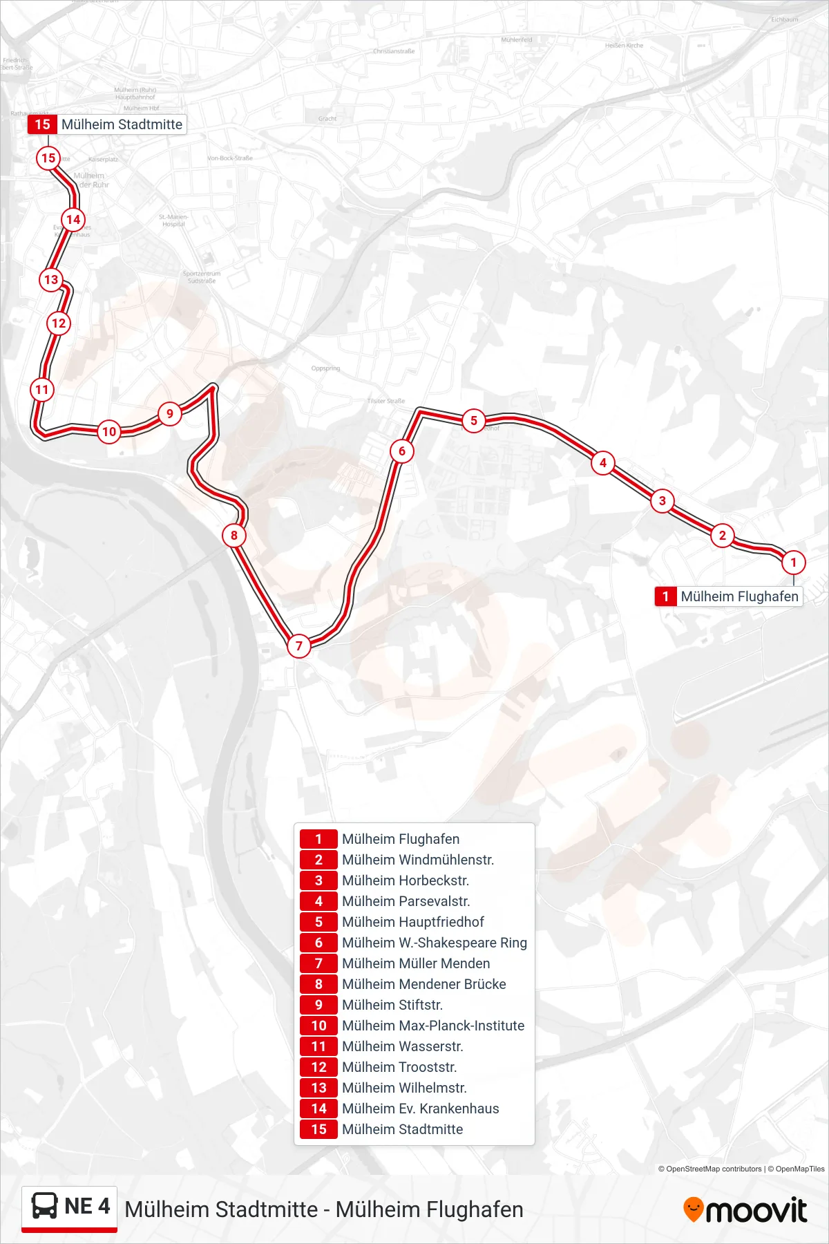 NE 4 bus Line (Mülheim Stadtmitte) route and stops on a map