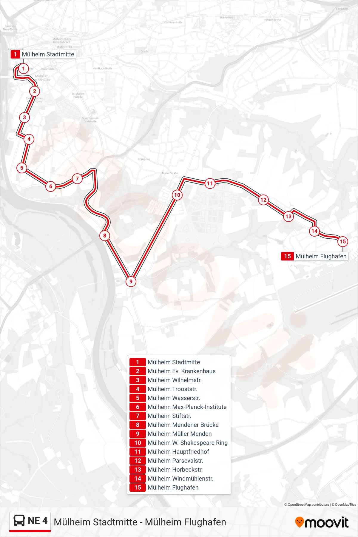 Linie NE 4 (Bus) Richtung Mülheim Flughafen: Route und Haltestellen auf der Karte
