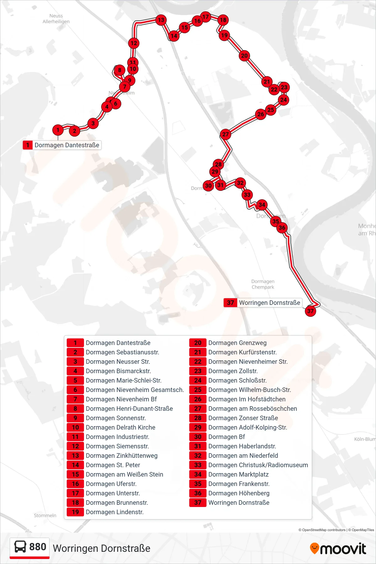 Linie 880 (Bus) Richtung Worringen Dornstraße: Route und Haltestellen auf der Karte