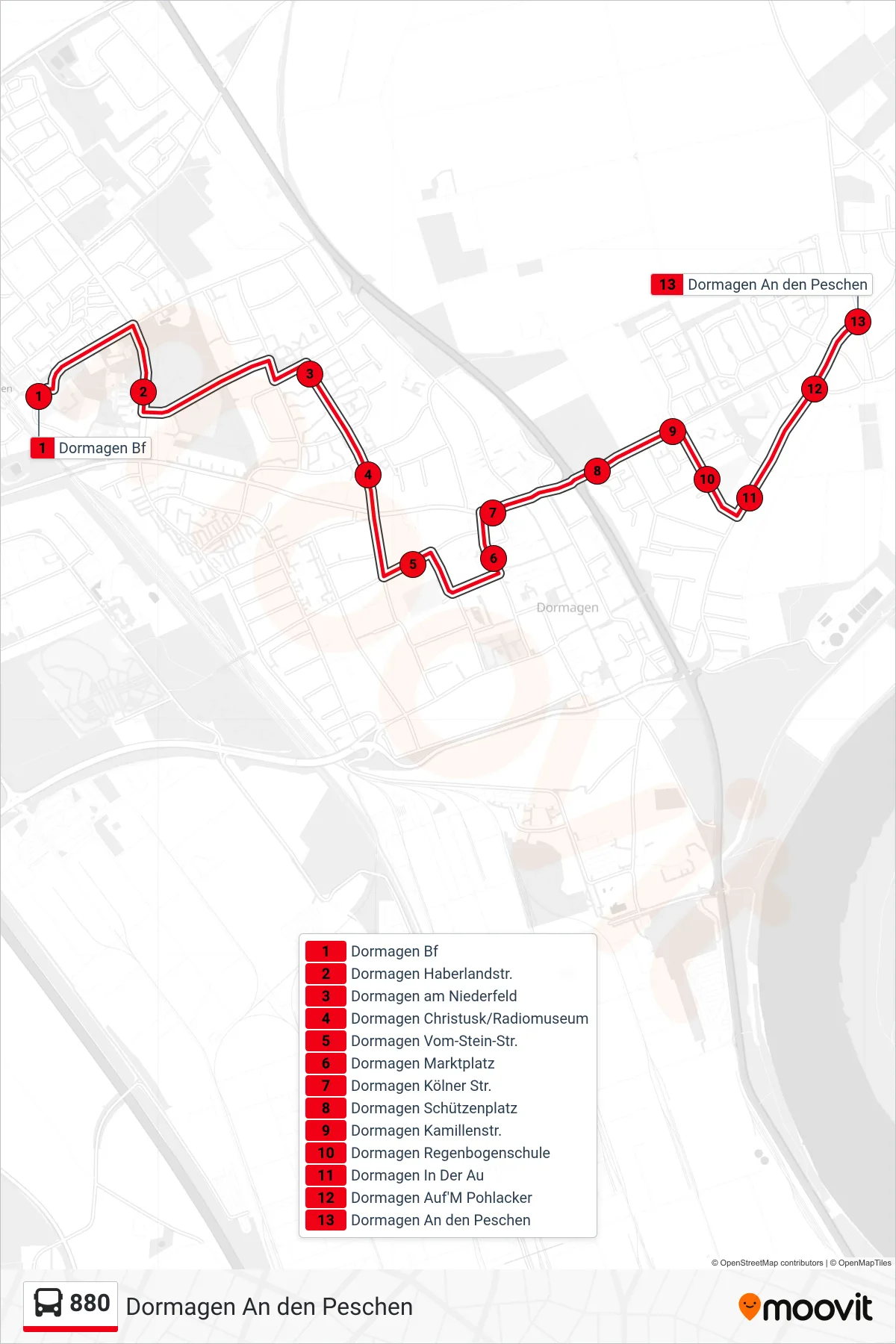 Linie 880 (Bus) Richtung Dormagen An den Peschen: Route und Haltestellen auf der Karte