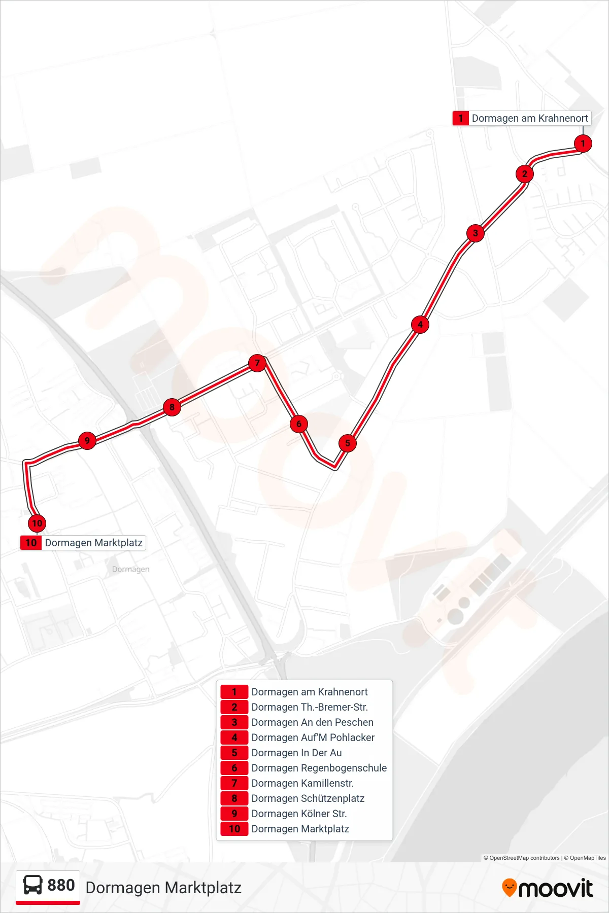 Linie 880 (Bus) Richtung Dormagen Marktplatz: Route und Haltestellen auf der Karte
