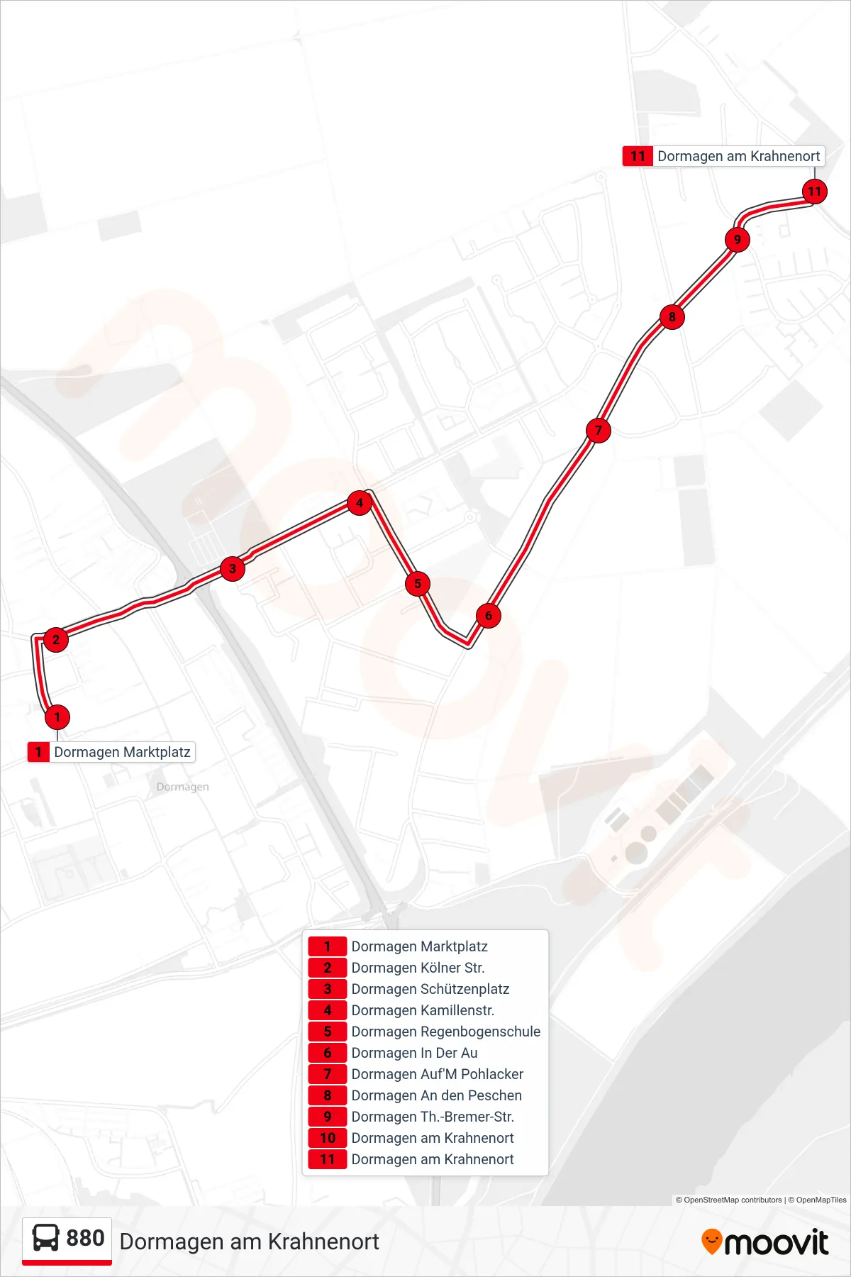 880 bus Line (Dormagen am Krahnenort) route and stops on a map