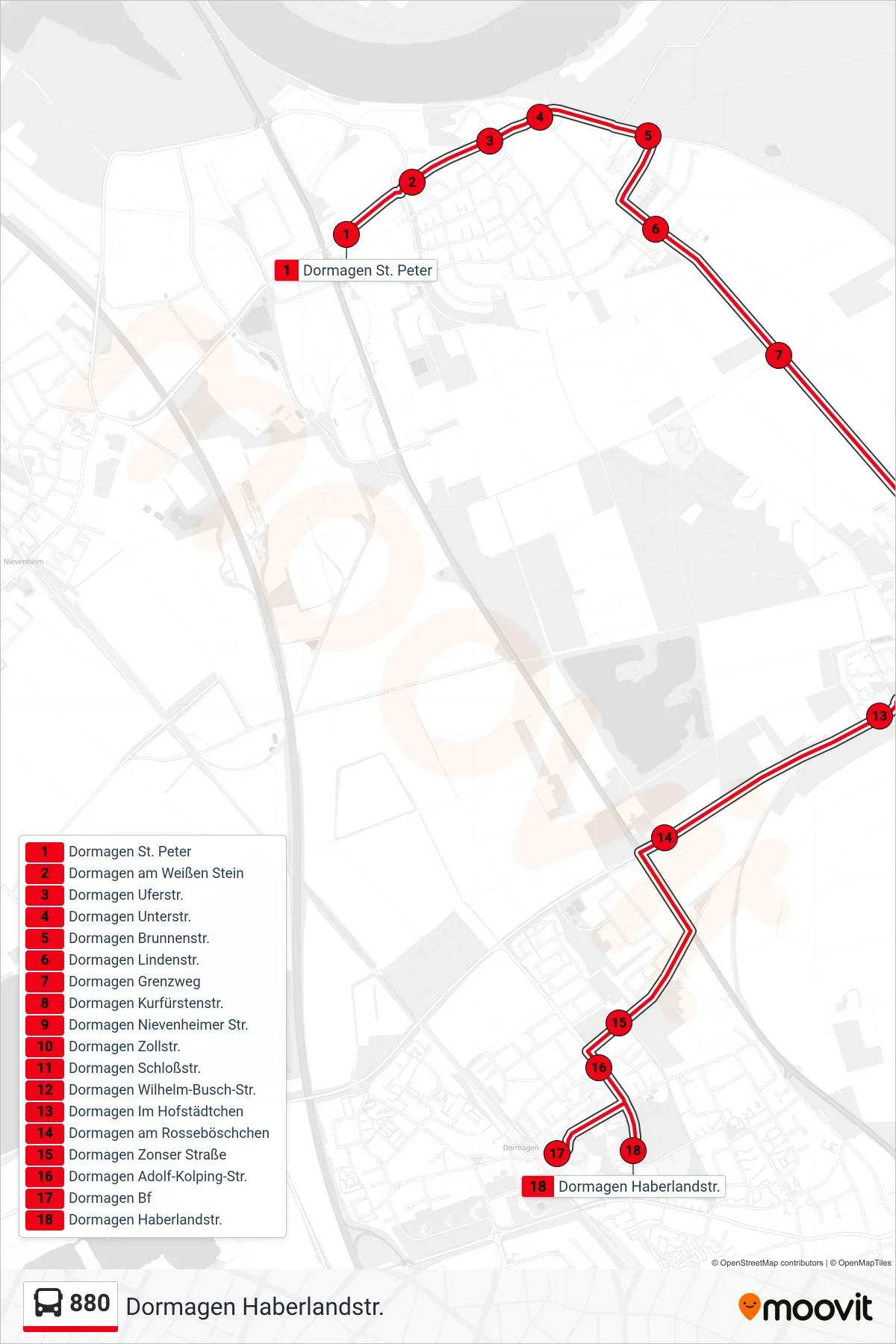 Linie 880 (Bus) Richtung Dormagen Haberlandstr.: Route und Haltestellen auf der Karte