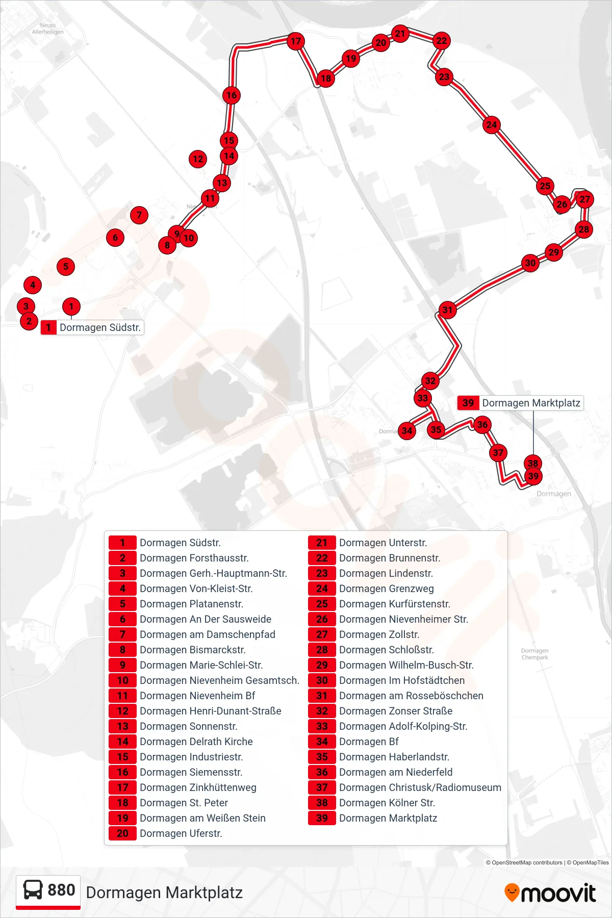 880 bus Line (Dormagen Marktplatz) route and stops on a map