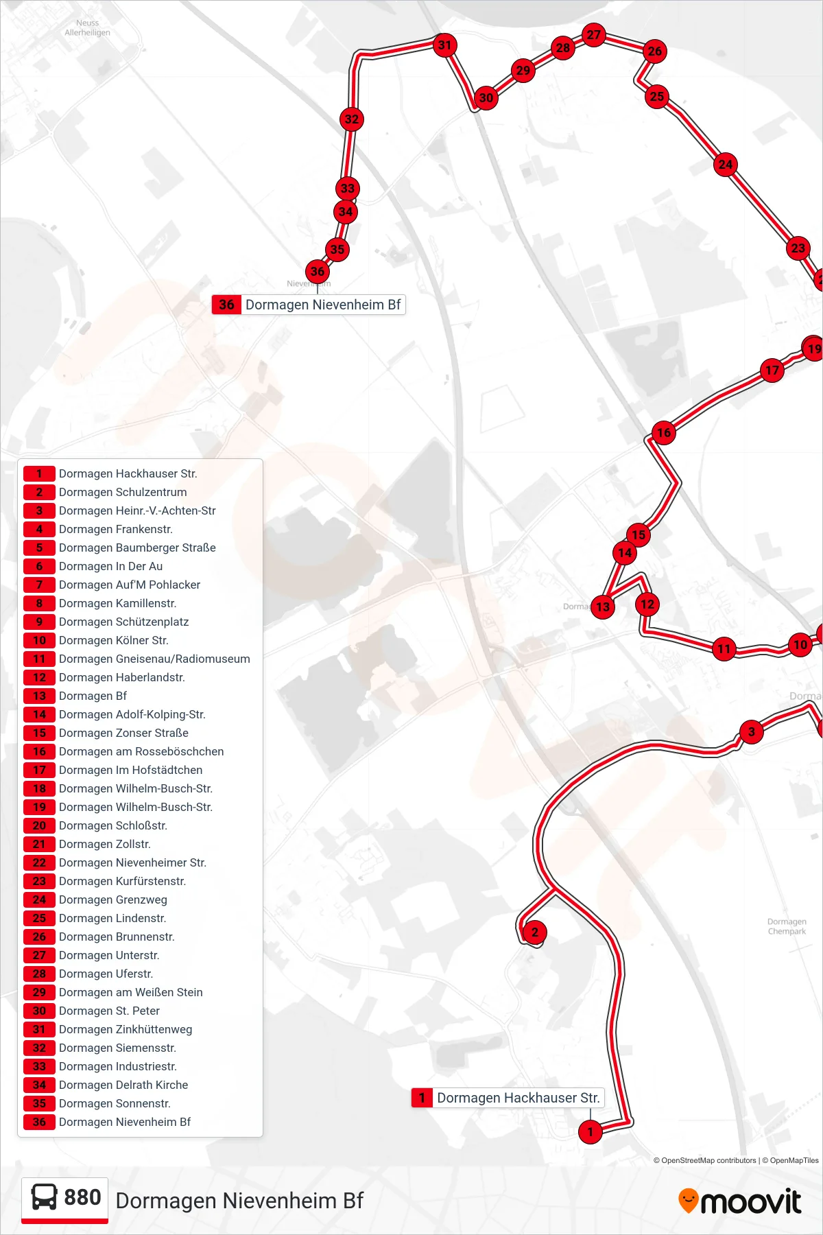 Linie 880 (Bus) Richtung Dormagen Nievenheim Bf: Route und Haltestellen auf der Karte