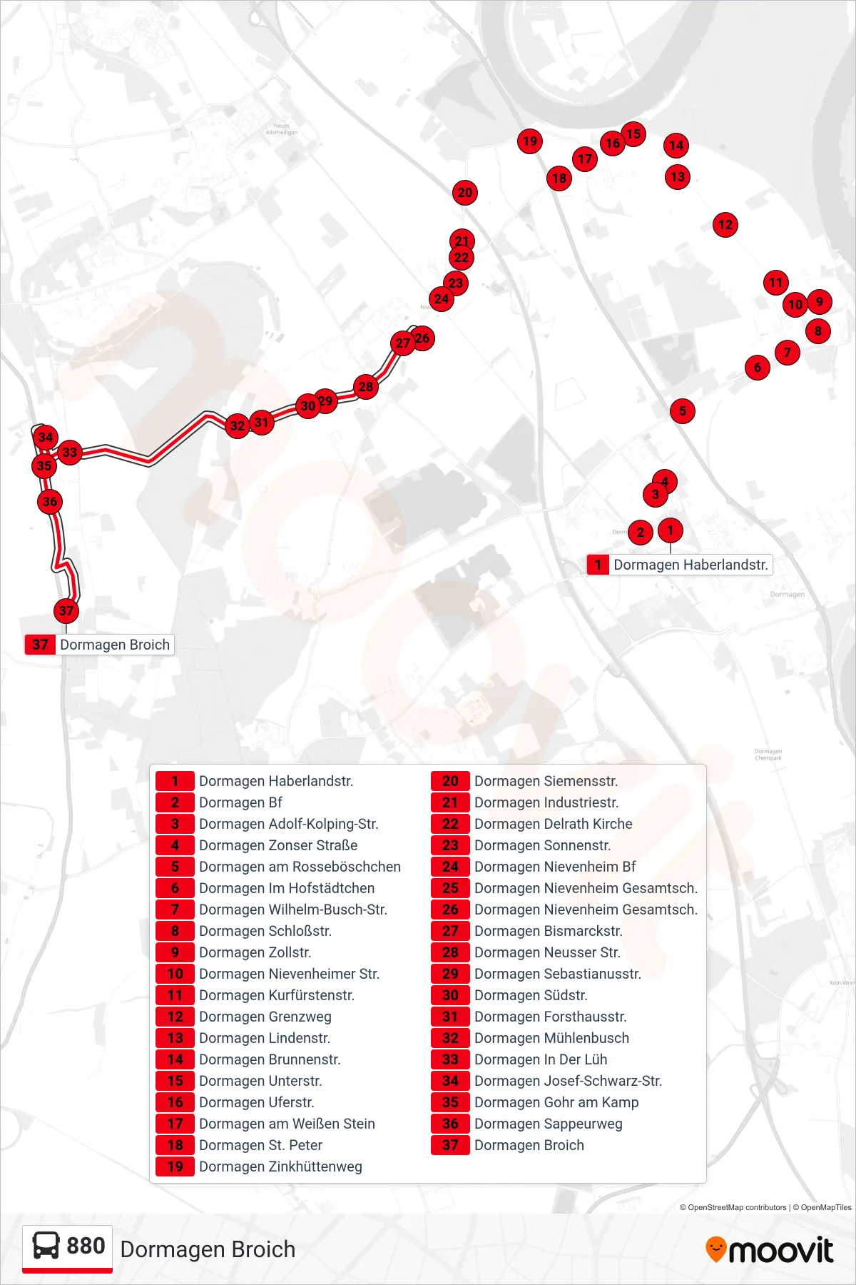 880 bus Line (Dormagen Broich) route and stops on a map