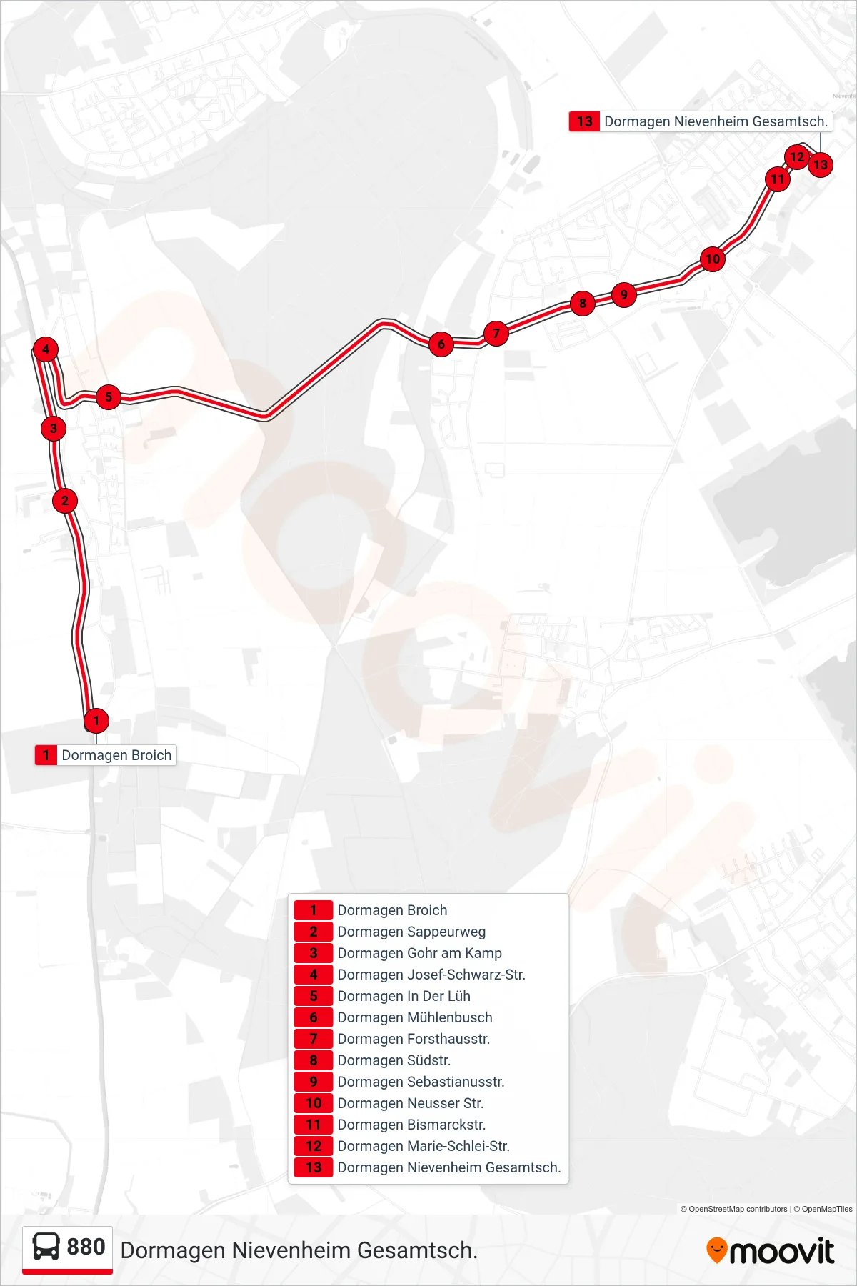 Linie 880 (Bus) Richtung Dormagen Nievenheim Gesamtsch.: Route und Haltestellen auf der Karte